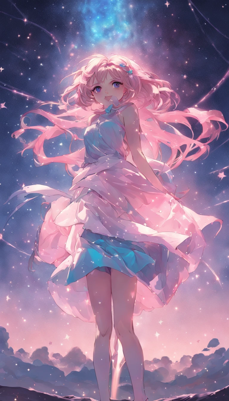 (best qualtiy，tmasterpiece), Beautiful teenage girl, beautiful goddess, Raised sexy, period costume, falda corta, One shoulder, hair adornments, the night, starrysky, cold light, (in pink, cyan colors, white colors), ((From below)), ((Full body)), ((Realistic))