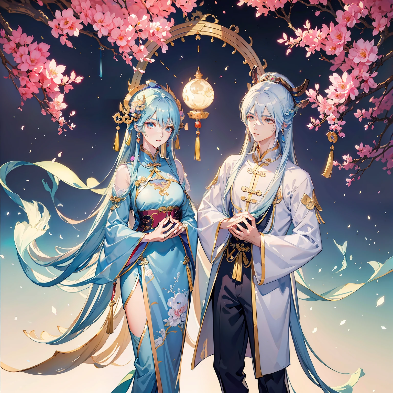 anime couple dressed in white walking in a field with a sky background, xianxia fantasy, fantasy art style, aion, beautiful celestial mage, yiqiang and shurakrgt, heise jinyao, anime fantasy illustration, white haired deity, 2. 5 d cgi anime fantasy artwork, lunar themed attire, trending on cgstation, chinese fantasy