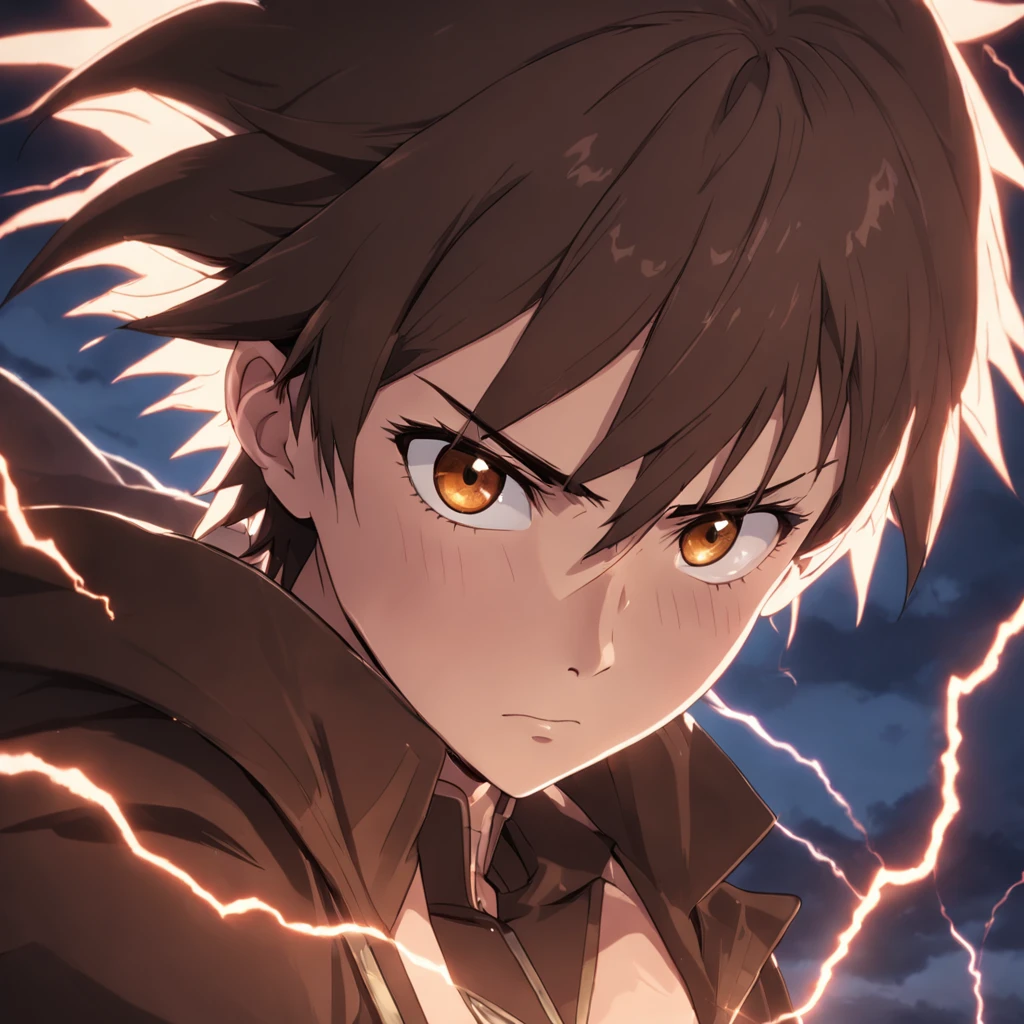 masterpiece, best quality, movie still, man, lightning, fury, close-up, angry, silver ninja, brown hair, brown eyes, lightning aura, hard lighting, thunderclouds, (sparks:0.9)