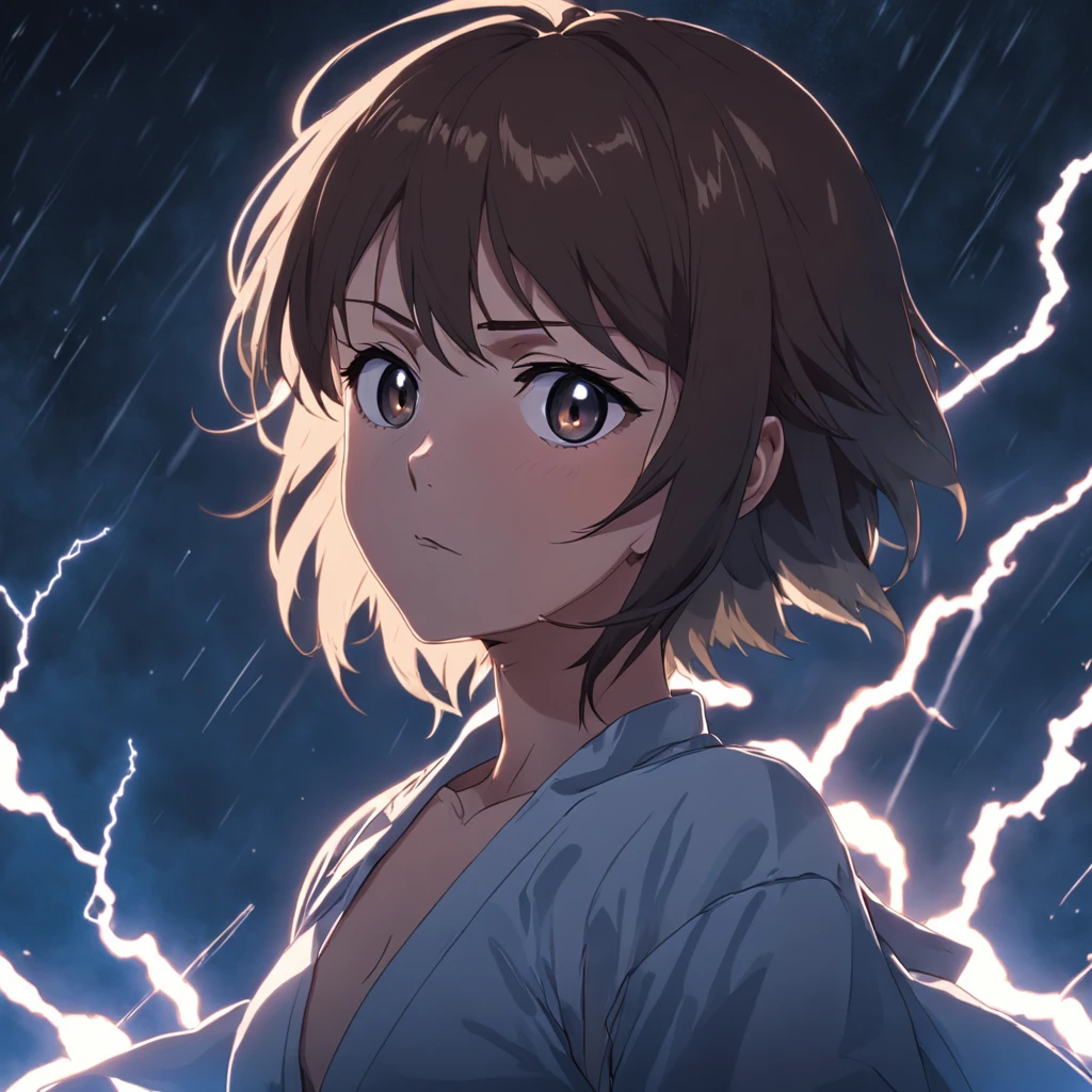 masterpiece, best quality, movie still, man, lightning, fury, close-up, angry, silver ninja, brown hair, brown eyes, lightning aura, hard lighting, thunderclouds, (sparks:0.9)