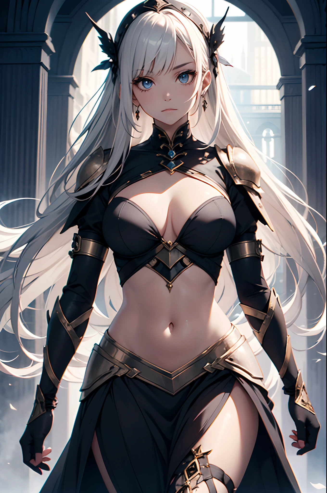 Woman Adorned in an armor. The centerpiece of her attire is a rib cage chest armor, a hauntingly beautiful creation that clasps her chest and midriff. It mimics the contours of a human rib cage, a blend of elegance and the macabre. A long braid of white hair cascades down her back, Complemented by straight-cut bangs that frame her face, her hair is adorned with delicate and cute hair accessories, a striking contrast to the solemnity of her armor. Dressed in hues of white and light grey, her attire weaves a tapestry of fantasy and mystique. Her eyes, a piercing shade of grey, hold a distance that hints at the vastness of her thoughts. With an expression that seems to dwell in realms beyond the visible, she exudes an aura of otherworldly wisdom. As the embodiment of the mystical and the unknown, she stands as a guardian of secrets both ancient and ethereal