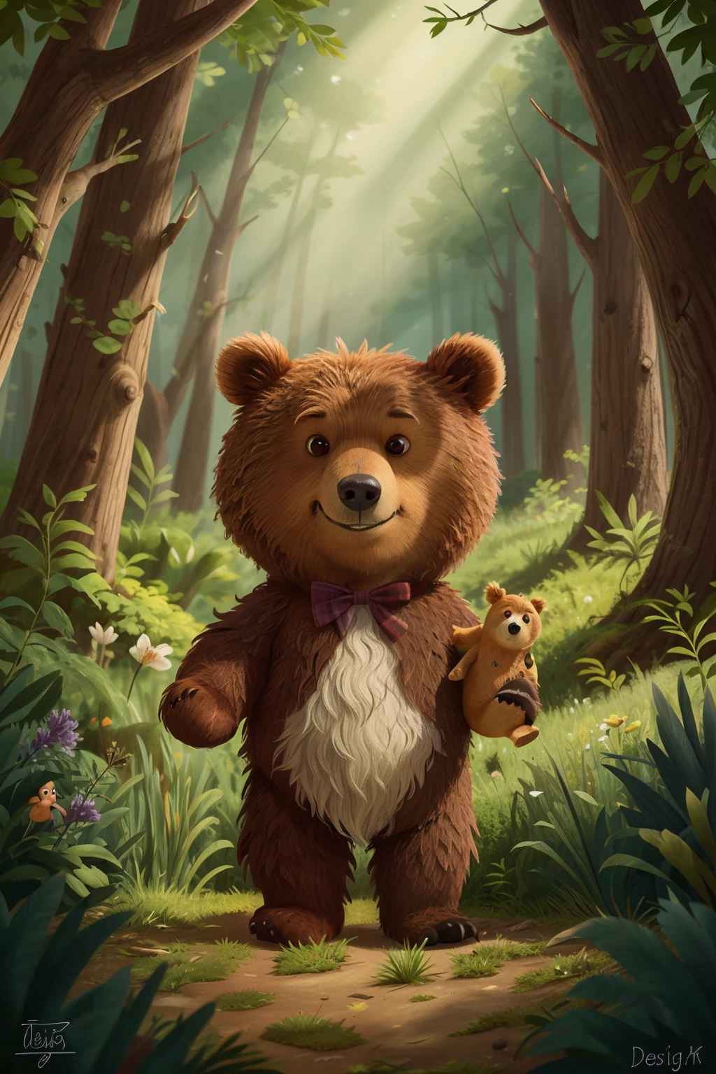 um urso pequeno , garoto, Deciduous Forest, Perdido, pixar style, on a blank background, all brown bear, change the lighting,