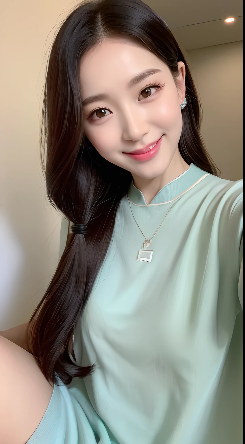 ((Best picture quality, 8K, tmasterpiece:1.3)), 1girll, Beautiful woman with slender abs:1.3, (Casual hairstyle, ), (shift dresses:1.4), Ultra-fine face, A detailed eye, 二重まぶた,ssmile,liveroom