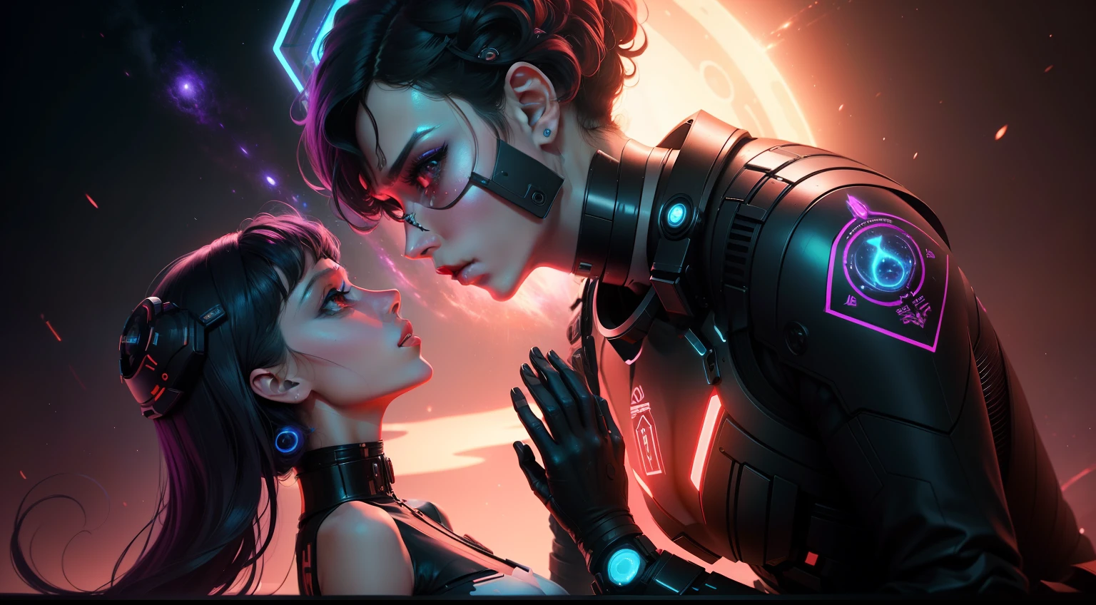 "Create a mesmerizing artwork inspired by Love, Death and Robots, with a futuristic designer aesthetic set against a breathtaking galaxy backdrop."