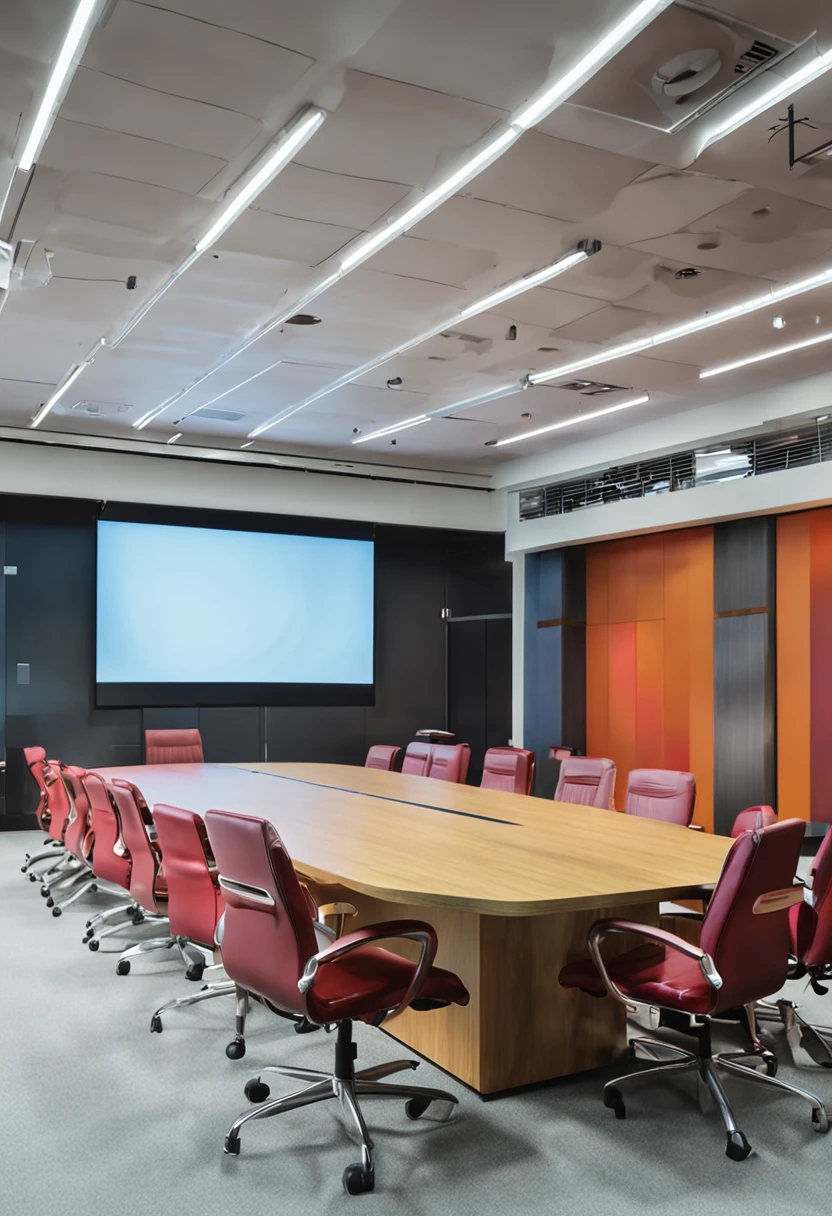 A large conference room with a TV, several post-its on the wall and whiteboards