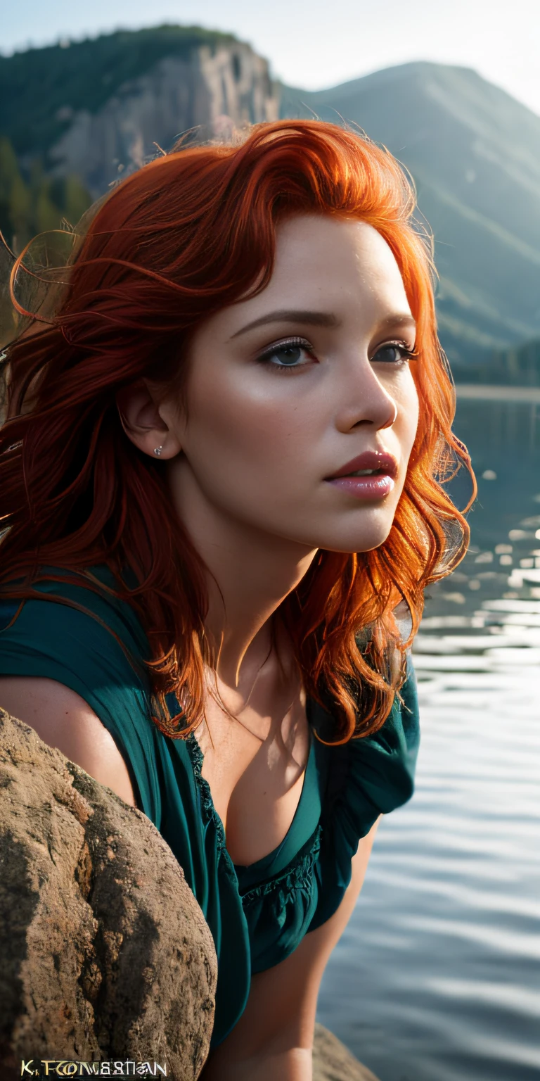 beautiful redheaded Caucasian girl, on an overhanging rock, lake in the background, photorealistic, photo, masterpiece, realistic, realism, photorealism, high contrast, trendy photorealistic digital art on Artstation 8k HD realistic high definition detailed, detailed, skin texture, hyper detailed, realistic skin texture, in nightie, best quality, ultra high resolution, (photorealistic: 1.4),, high resolution, detailed, raw photo,  sharp re, by Lee Jeffries Nikon D850 film Stock Photography 4 Kodak Portra 400 camera F1.6 rich lens colors texture hyper realistic dramatic lighting Unrealengine trend in ArtStation Cinestill 800,
