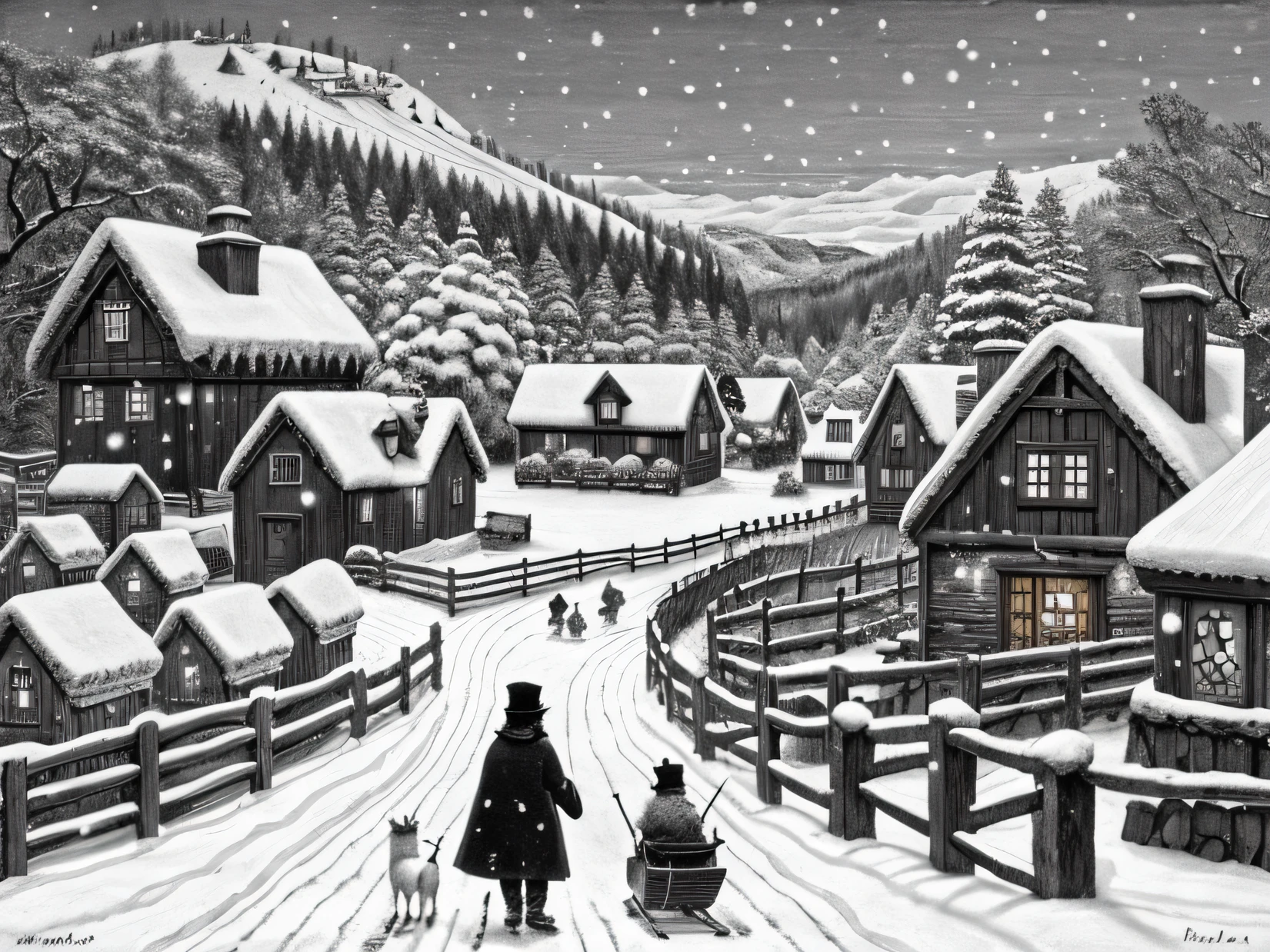a black and white drawing of a village with a snowman and a sled, snowy winter scene, inspired by Terry Redlin, inspired by Myles Birket Foster, winter scene, inspired by Wenceslas Hollar, winter scene fantasy, pen and ink monochrome, snow scene, black and white illustration, winter snow, wintery scene, sketch black and white colors