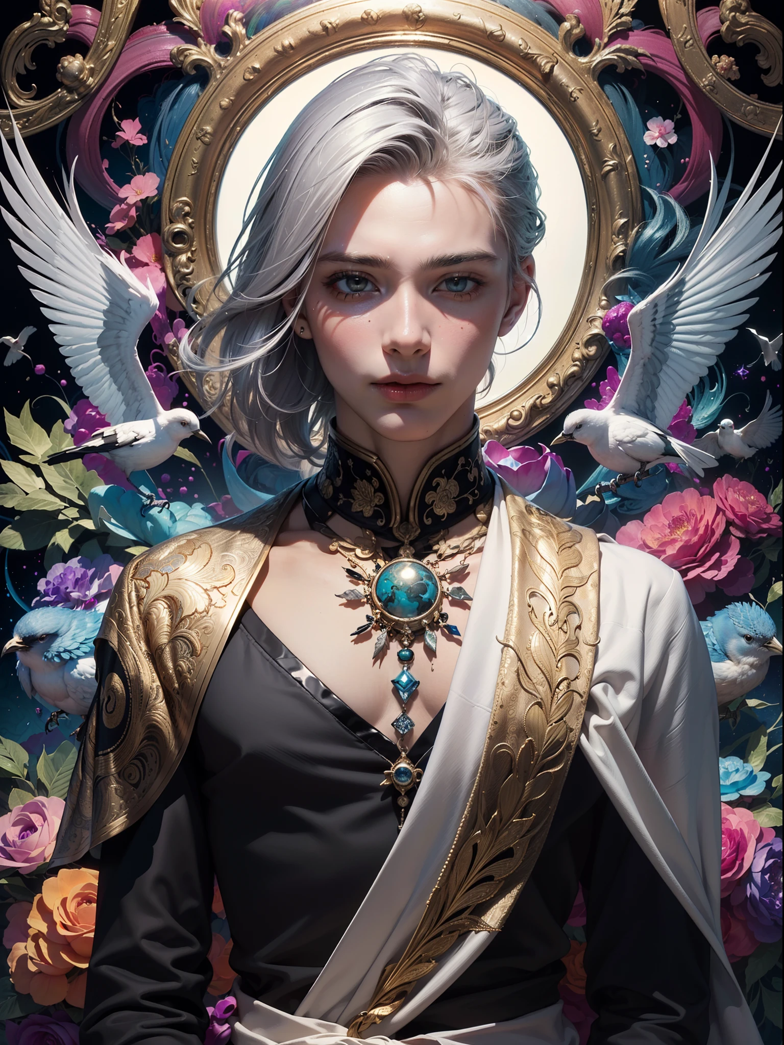 realistic, (masterpiece, top quality, best quality, official art, beautiful and aesthetic:1.2), extremely detailed,fractal art,colorful,highest detailed,zentangle,(abstract background:1.5) (1boy:1.3), (birds),silver hair, bright eyes,hair slicked back, short hair, black robe,