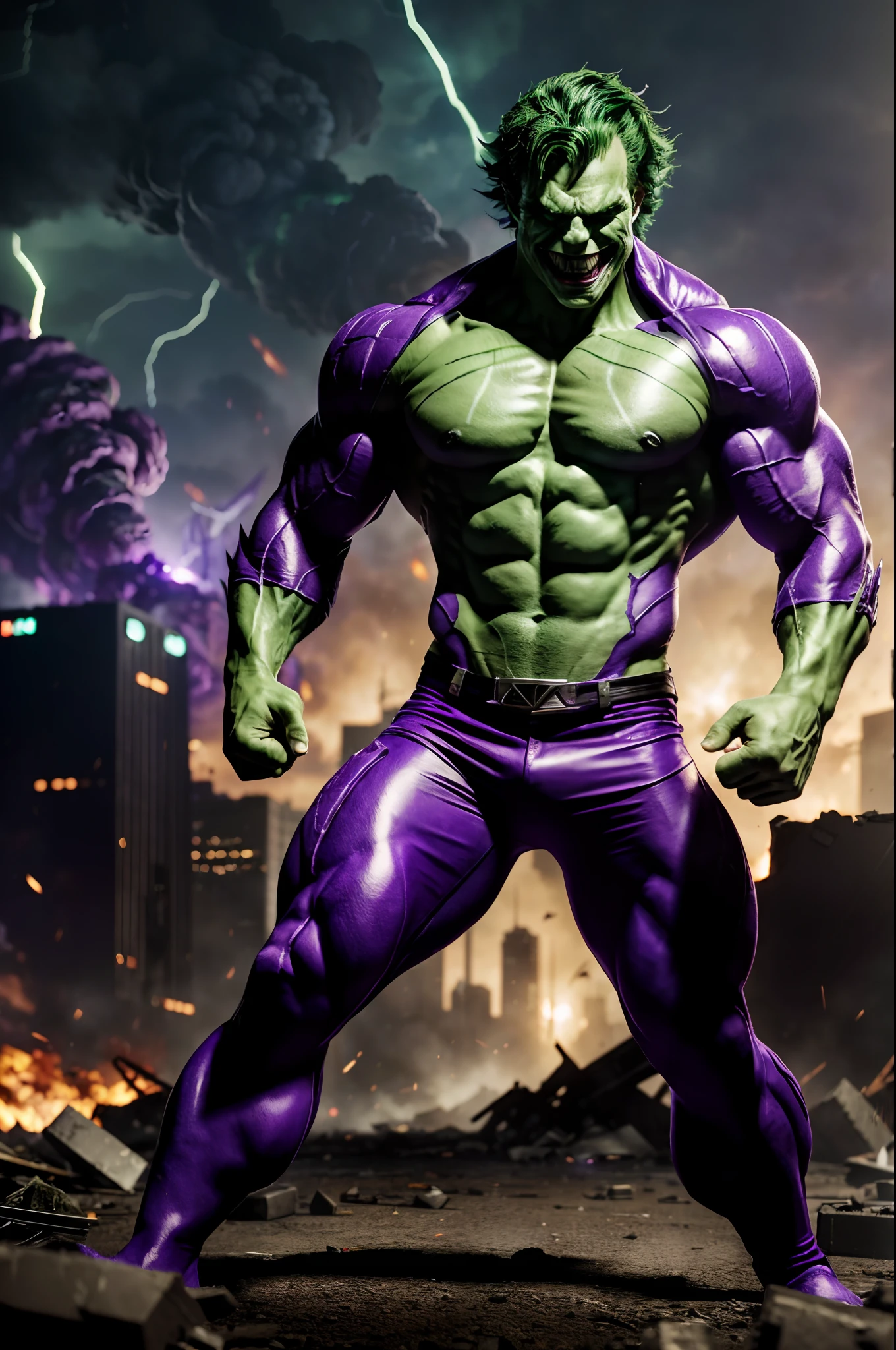 ((masterpiece)), best quality, high details, highres, ((ccurate)) , Joker's transformation into the Hulk, a fusion of chaos and brute strength, green-skinned with a twisted smile, ((wild purple hair)), ((glowing eyes)) , ripped purple outfit, causing mayhem and destruction, surrounded by a chaotic and explosive environment, ((destroyed city in background)), fujifilm, trending on artstation,depth of field, cinematic lighting, ray tracing, backlighting