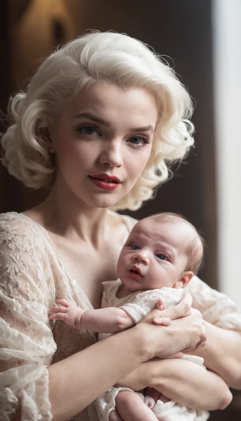 (((Romanticism style))), Marilyn Monroe with  and cute baby b baby in arblessed and inspiring look, cinematic lights.