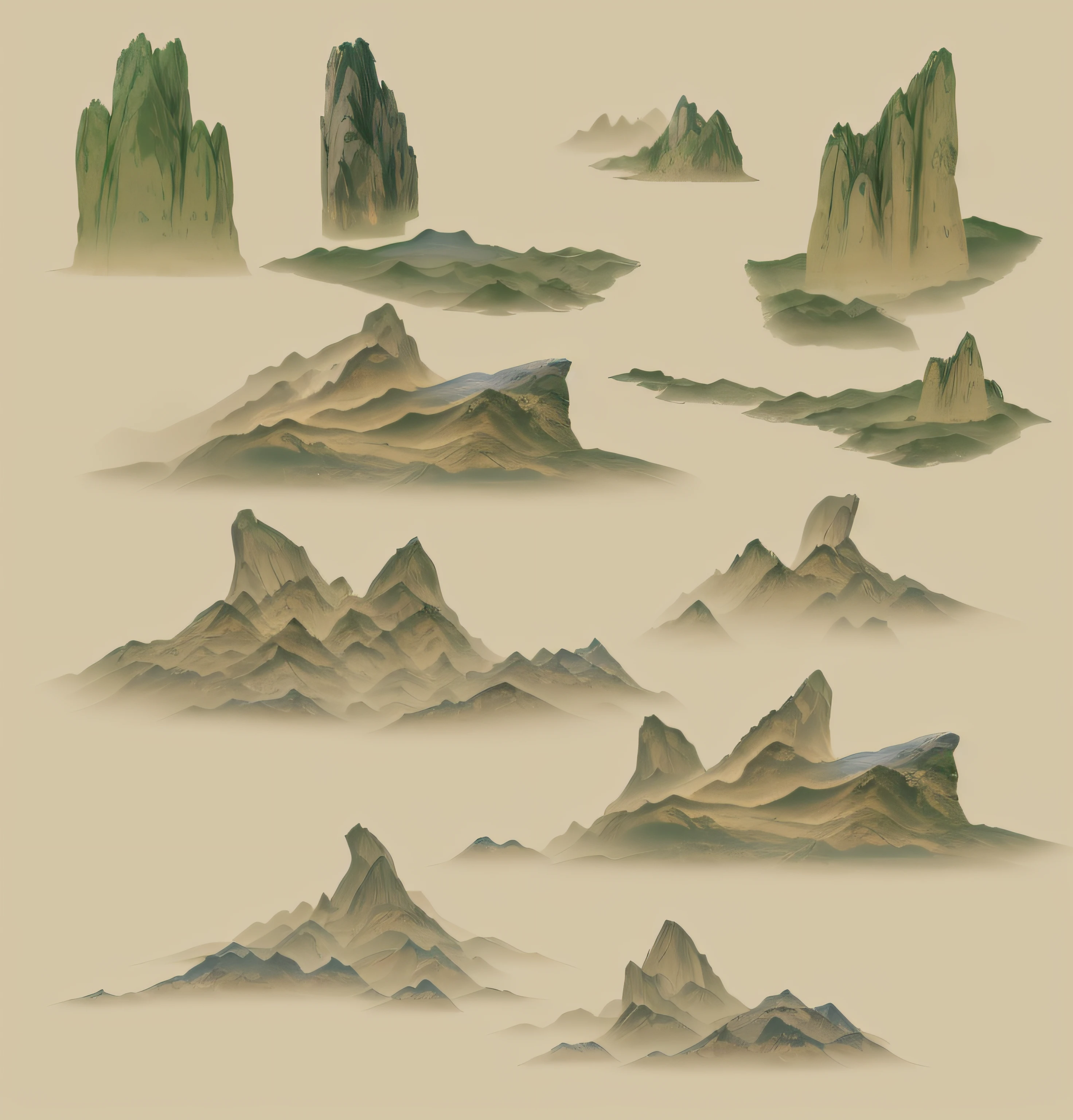 A close-up of a bunch of mountains and a few rocks, Floating mountains, alien mountains, mountain scene, Mountains, mountain ranges, craggy mountains, Peaks, moutains, some mountains in the background, mountain ranges, mountainous terrain, mountainous background, game map matte painting, scattered islands, avatar landscape, background mountains, mountainous, flying islands