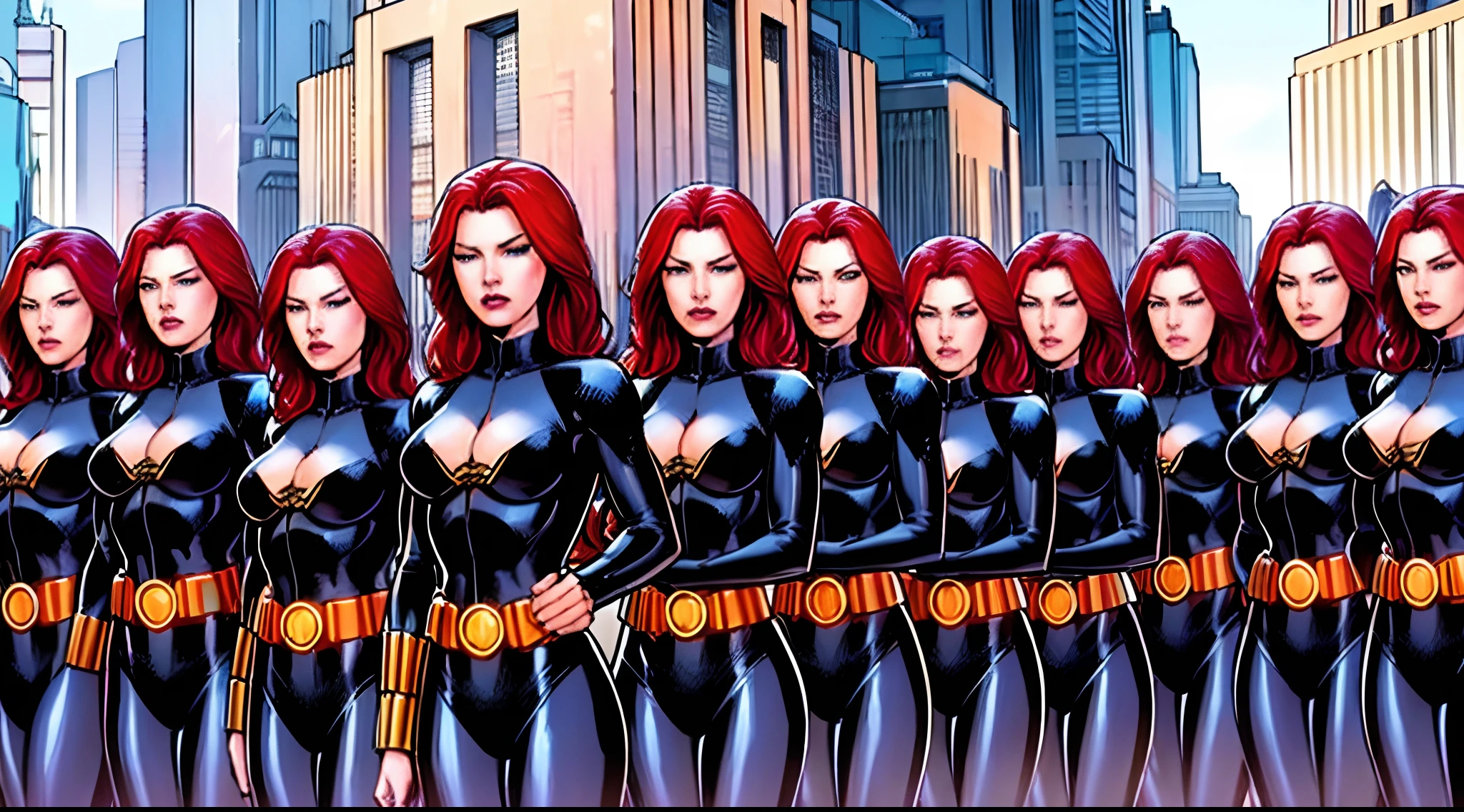 jim lee, blackwidow, red hair, black bodysuits, (thousands of, crowd of), identical girls, crowd shot, identical sisters, clones, matching hairstyles, matching outfits, matching faces, crowded, filled with clones