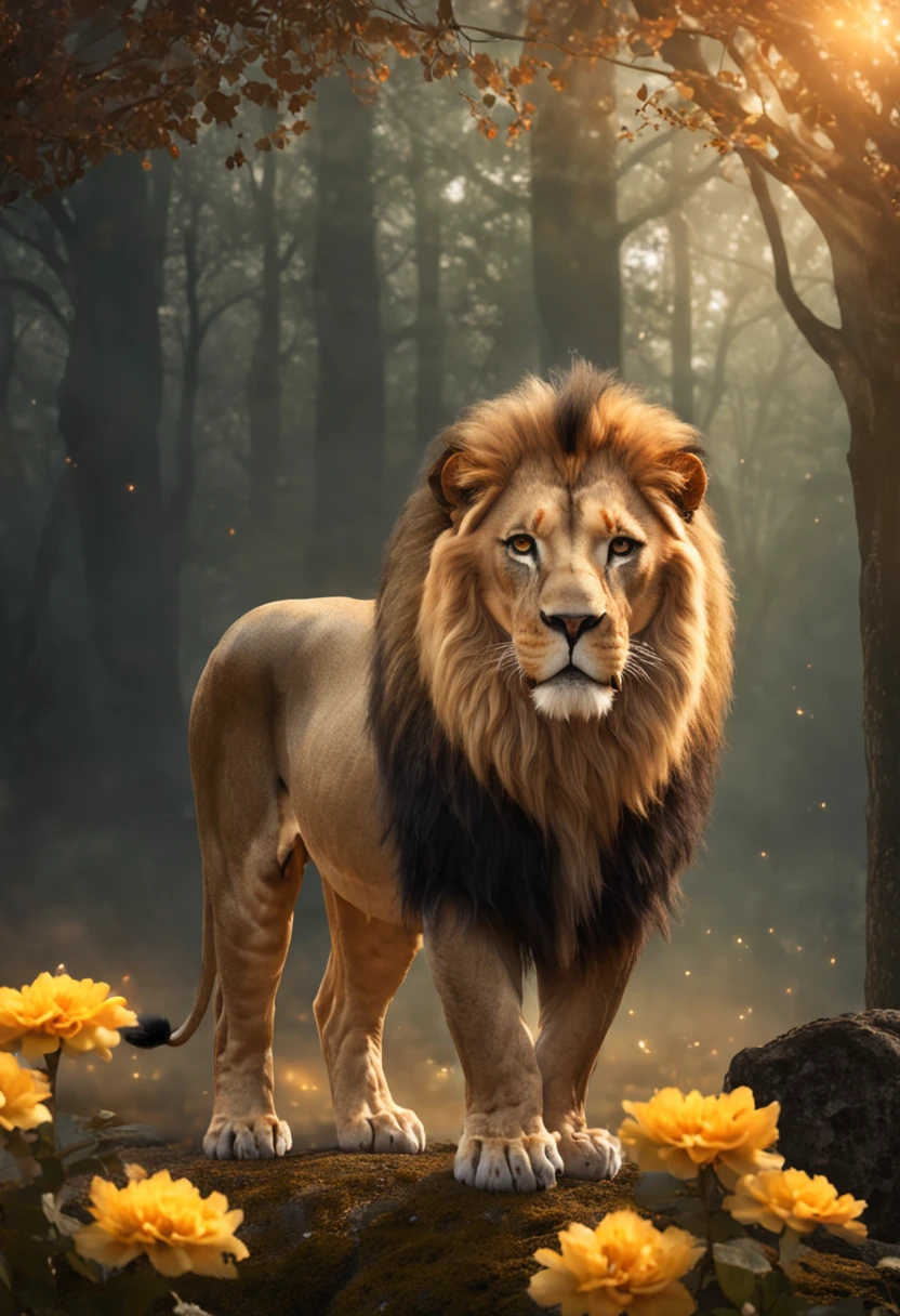 "((masterpiece)) Lion in the ((foggy)) ,((magical dark forest :1.2))at late dusk time, with ((strong dark shadows recommended for scene:1.2)), a glowing magical lion,golden glowing flowers ,((glowing butterfly )), beautiful magical style, golden water reflection,fierce, concept art, digital painting."