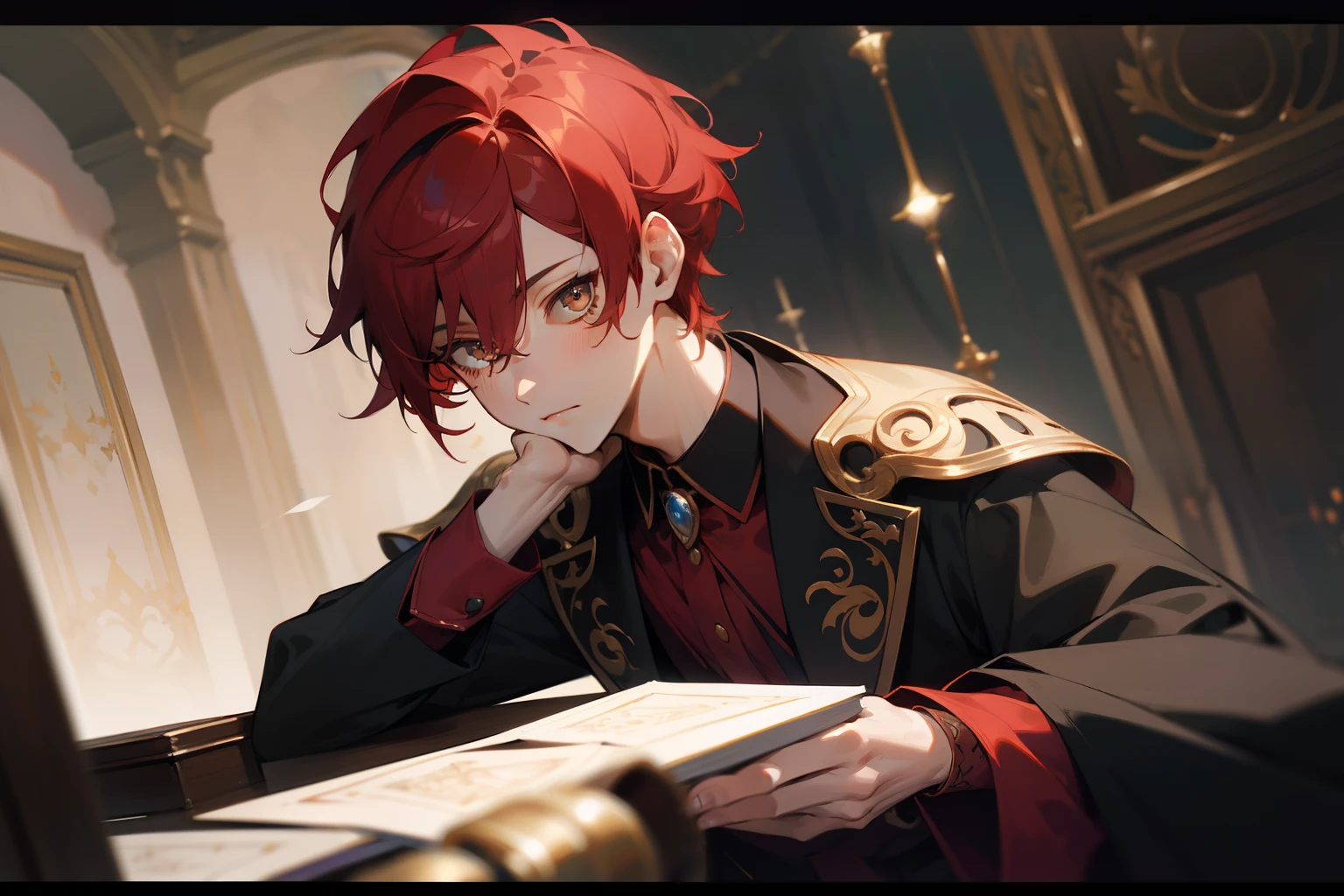 (masterpiece, best quality), intricate details, 8k, sharp focus, (bokeh) (best quality) (detailed skin:1.3) (intricate details) (8k) (detailed eyes) (anime) male character, long front of hair, short back hair, asymmetric hair, red hair, white streaks in hair, brown eyes, shota, male, shorts, short boy, anime boy, frontage, lovely boy, perfect face, detailed eyes, bold background, magician, cards, magic, slim, detailed accessories, unique outfit, sharp eyes, male, young man, idol, circus, dark, mysterious, cluttered background, magician, fantasy, alchemist, occult, indoors, spooky, sinister, dark room, darkness, vignette