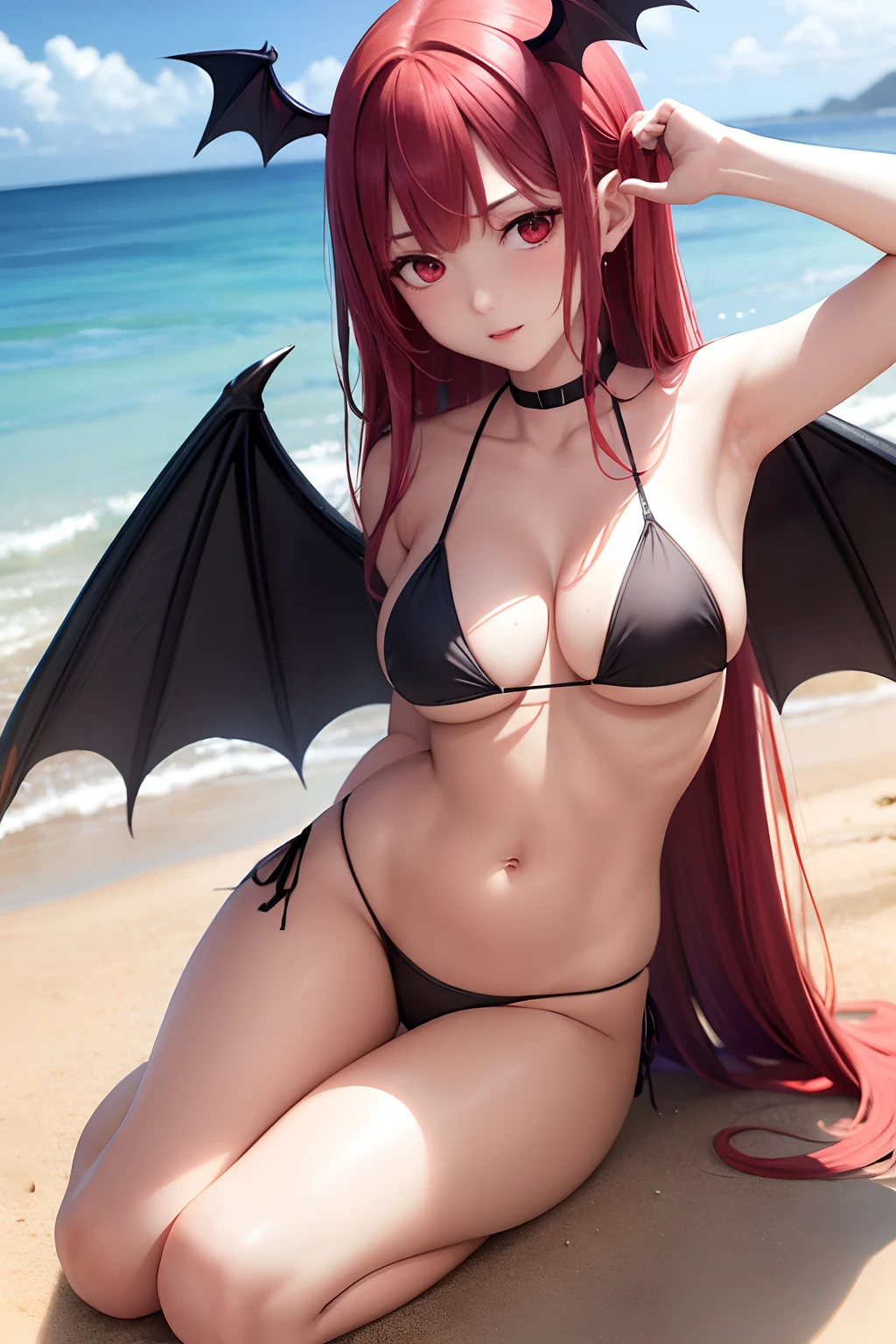 ​masterpiece, top-quality, 1girl in,Diabolical, long red hair, There are bat wings, red eyes, Sea and sandy beach background、Black ruffled bikini、red blush、Colossal tits、A slender、full body seen、bending forward