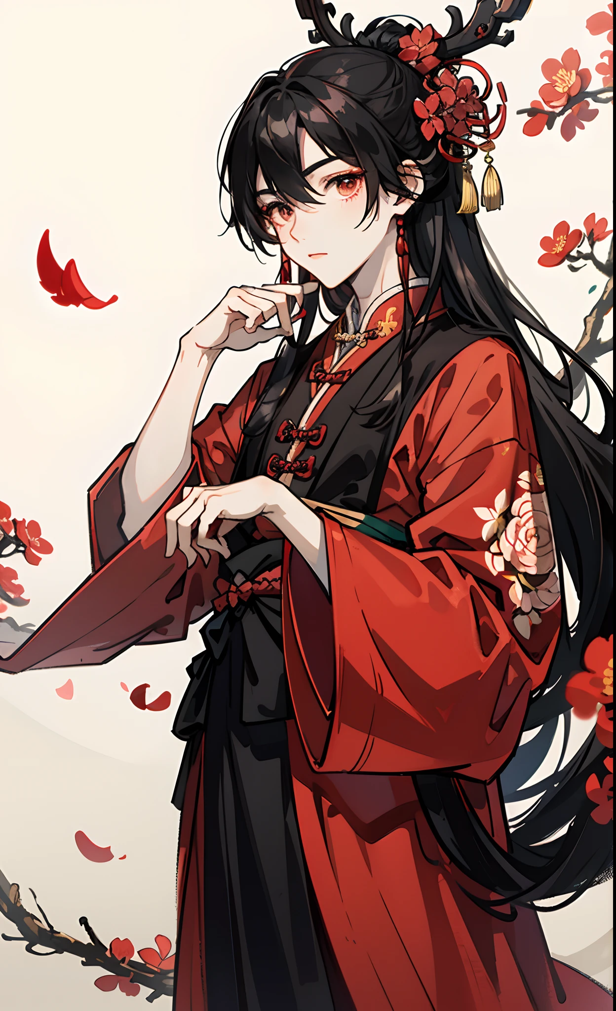 Chinese Antique Boy,Long hair that turns from black to red,Black and red robes,Ancient Chinese dress-up,Peach blossom eyes,Redness at the corners of the eyes,Publicity,Be proud,Hair fluttering