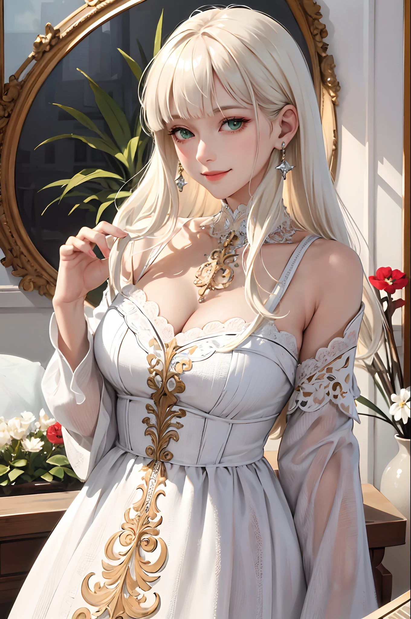 (masterpiece:1.2, best quality), (real picture, intricate details), 1lady, solo, upper body, casual, long hair, minimal makeup, natural fabrics, close-up face, smile, home, looking forward, looking towards camera, front view, full front view face, long light platinum blonde hair, bangs, green eyes, big breasts, natural clothing.