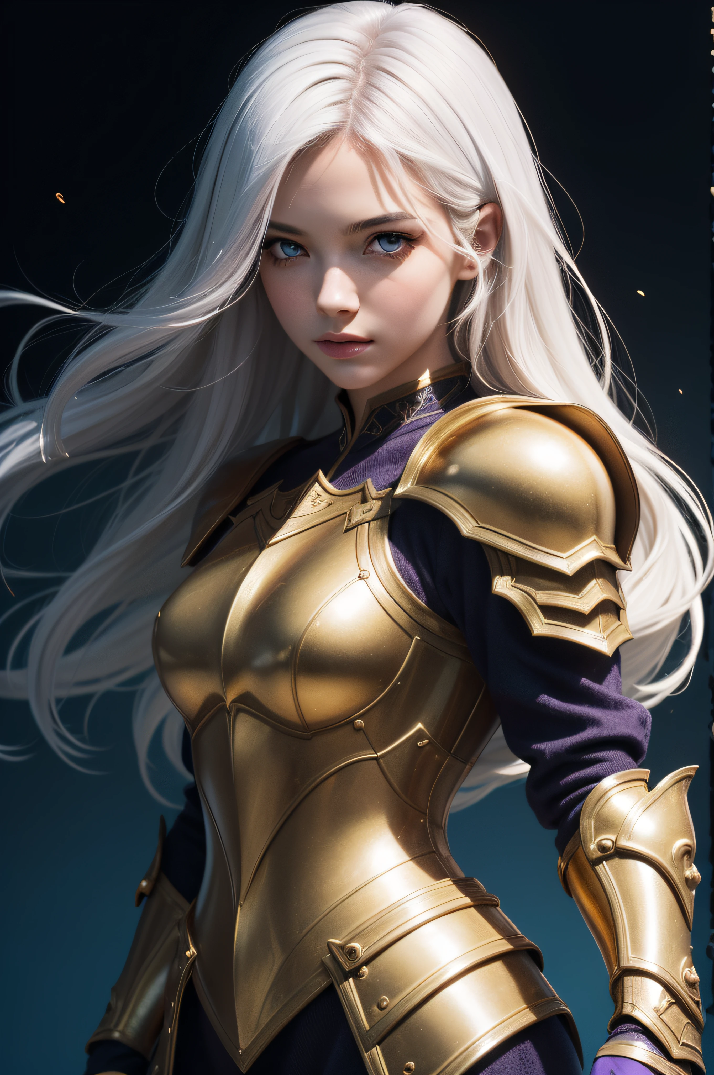 Royal Knight, gold armor, large sword in hand, best quality, masterpiece, (realistic:1.2), 1 girl, detailed face, beautiful eyes, (masterpiece:1.2, best quality), (finely detailed beautiful eyes: 1.2), (extremely detailed CG unity 8k wallpaper, masterpiece, best quality, ultra-detailed, best shadow), (detailed background), (beautiful detailed face, beautiful detailed eyes), High contrast, (best illumination, an extremely delicate and beautiful),1girl,((colorful paint splashes on transparent background, Dulux,)), dynamic angle, beautiful detailed glow, full body, cowboy shot, white hair, purple eyes,