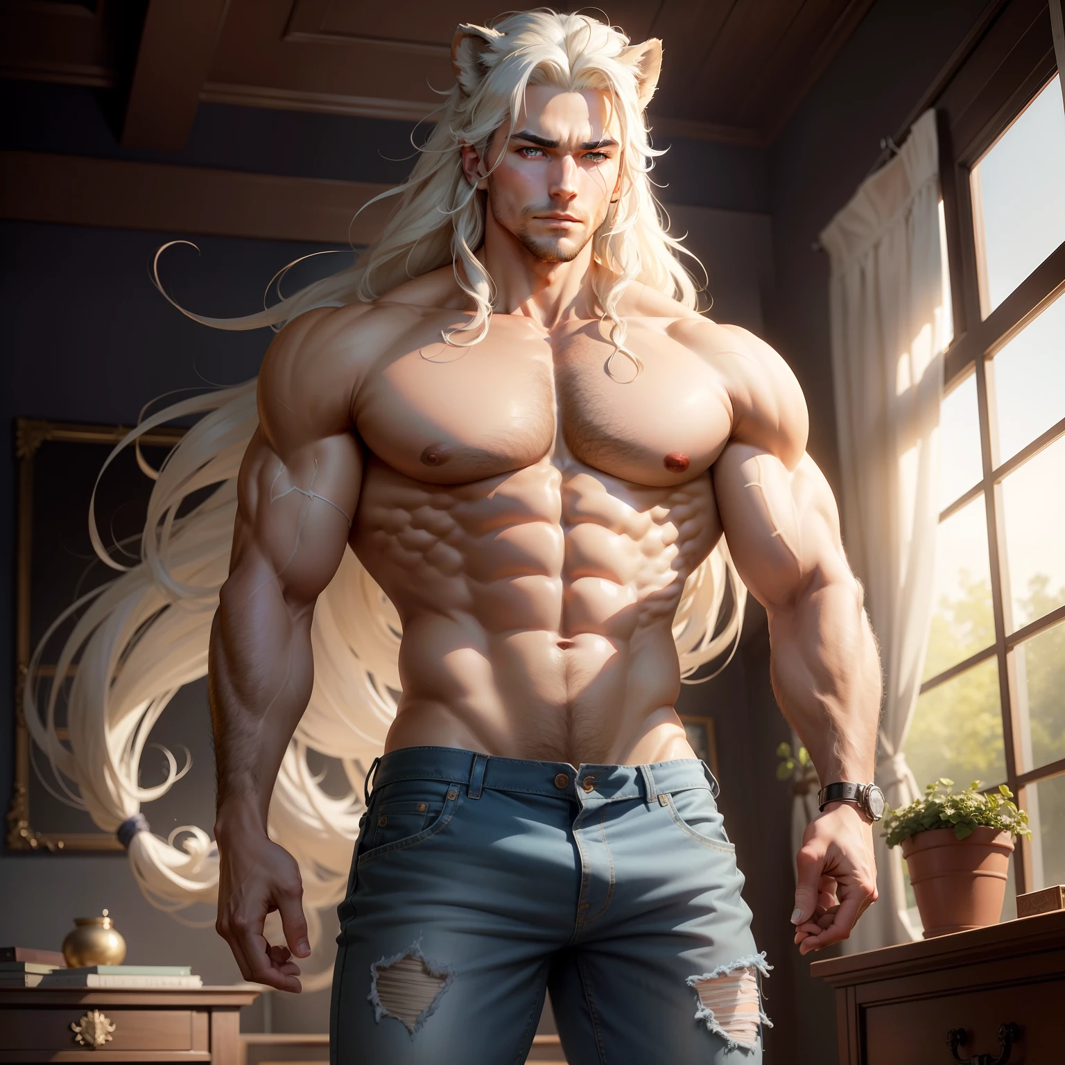 masterpiece, best quality, 1man, male, solo, blue eyes, perfect face anatomy, detailed handsome face, attractive face expressions, long white hair, voluminous and wavy hair, lion ears on him head, wearing a white tank top, chest muscles, six pack belly, healed sethighs, cool jeans pants, midriffs, white lion tail, mansly, masculine muscular figure, visible briefs, on a royal room, undressing the pants, suggestive male genitalia, a detailed by Nagasawa Rosetsu and Pu Hua, art featured by Higashigure on pixiv, featured on pixiv, trending on pixiv, visual novel cg, furry art, temporary art, soft LINE drawn, official art, artgen by gelbooru references, full body, superflat,bbc, ultra detailed, detailed painting, booru, anime, hd 8k,