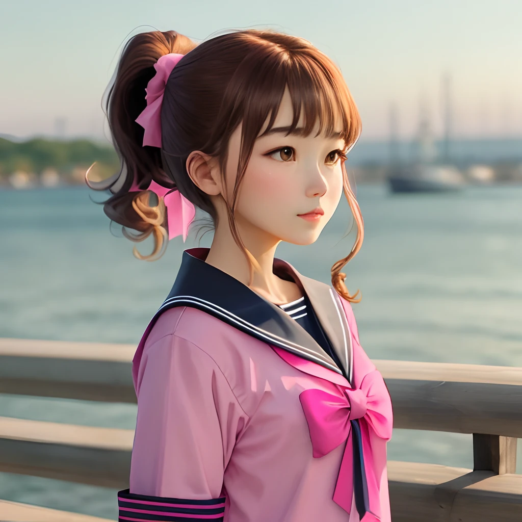 The brown-haired girl with double ponytail is dressed in a pink and black sailor suit