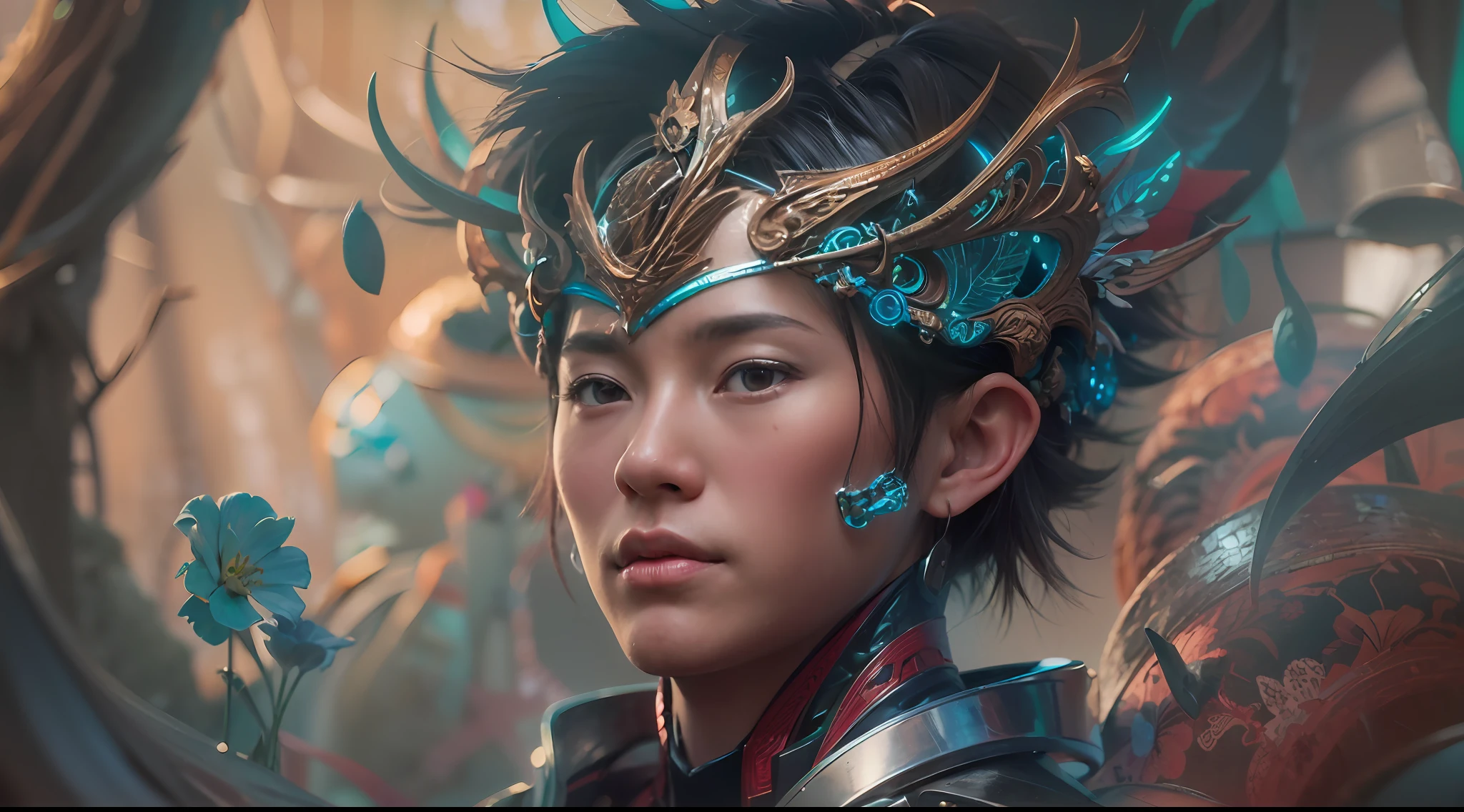 1boy, photo of very very handsome suave smiling young 25-year-old male Chinese prince, clothed in futuristic cybernetic armor, wearing a large futuristic crown, walking in an ethereal enchanted forest with neon glowing flowers and a rainbow in the sky, sci-fi, intricate, neon light, ((perfect face)), ((perfect hands)), ((perfect body)), ((correct anatomy)), ((ultra-realistic)), ((8k, UHD)), highly detailed, digital painting, artstation, concept art, human anatomy, soft light, smooth, illustration, art by tian zi and craig mullins and WLOP and alphonse mucha