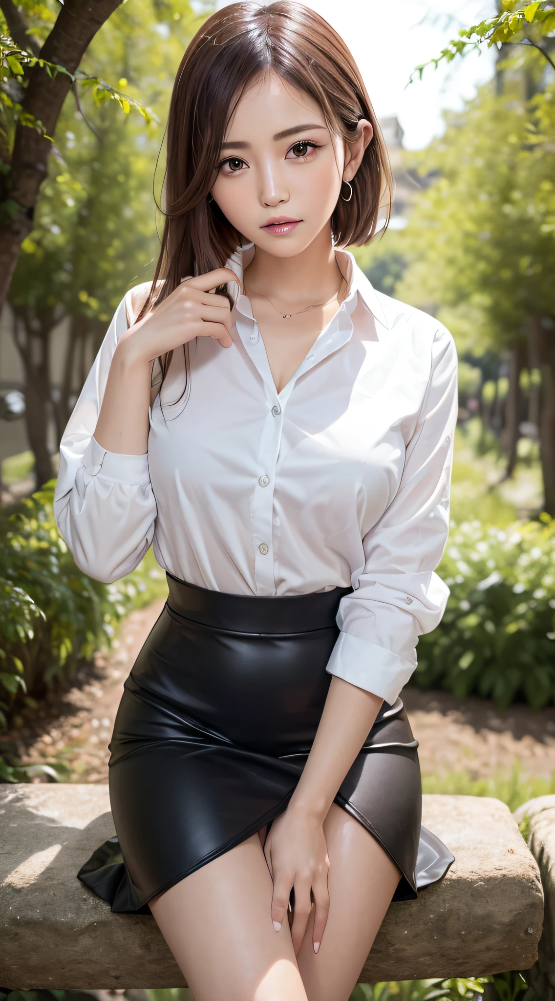 High society woman sitting on a beautiful park lawn，Bring a wallet and handbag, Sitting, (No bra)、Naked in an ultra-thin silk top、Jaw-dropping beauty、 thighhighs and skirt, (Wear pantyhose、Super realistic pantyhose)、elegant japanese woman, Ultra-thin white shirt and gray skirt, transparent gray skirts, model in Japan, wearing  shirt, japanese city street fashion, japanese street fashion, dressed with long fluent clothes, dressed with fluent clothes, very pretty model, In a white blouse shirt, cute elegant pose、A smile、　　RAW photo, (8K、top-quality、tmasterpiece:1.2)、(intricately details:1.4)、(Photorealsitic:1.4)、octane renderings、Complex 3D Rendering Ultra Detail, Studio soft light, rim lights, vibrant detail, super detailing, realistic skin textures, Detal Face, Beautiful detail eyes, Very detailed CG Unity 16k wallpaper, Make up - up, (detailedbackground:1.2),　Realistic skin feeling、shiny skins、Bare with thighs!!!、