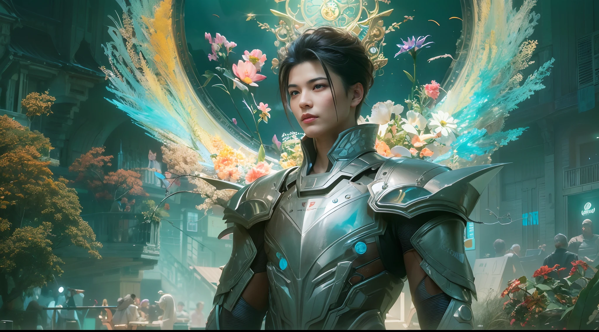 1boy, photo of very very handsome suave smiling young 25-year-old male Chinese prince, clothed in futuristic cybernetic armor, wearing a large futuristic crown, walking in an ethereal enchanted forest with neon glowing flowers and a rainbow in the sky, sci-fi, intricate, neon light, ((perfect face)), ((perfect hands)), ((perfect body)), ((correct anatomy)), ((ultra-realistic)), ((8k, UHD)), highly detailed, digital painting, artstation, concept art, human anatomy, soft light, smooth, illustration, art by tian zi and craig mullins and WLOP and alphonse mucha