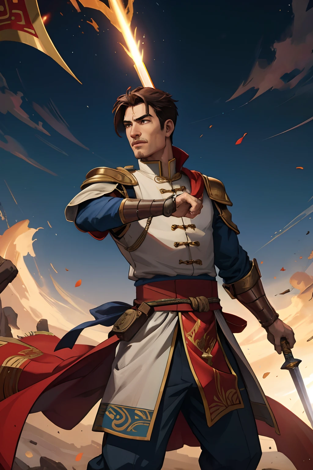 Male chinese general in medieval War moroccan environnement hyper realistic super detailed holding Sword dramatic lighting Epic master piece