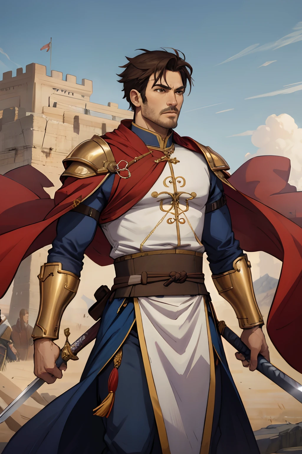 Male chinese general in medieval War moroccan environnement hyper realistic super detailed holding Sword dramatic lighting Epic master piece