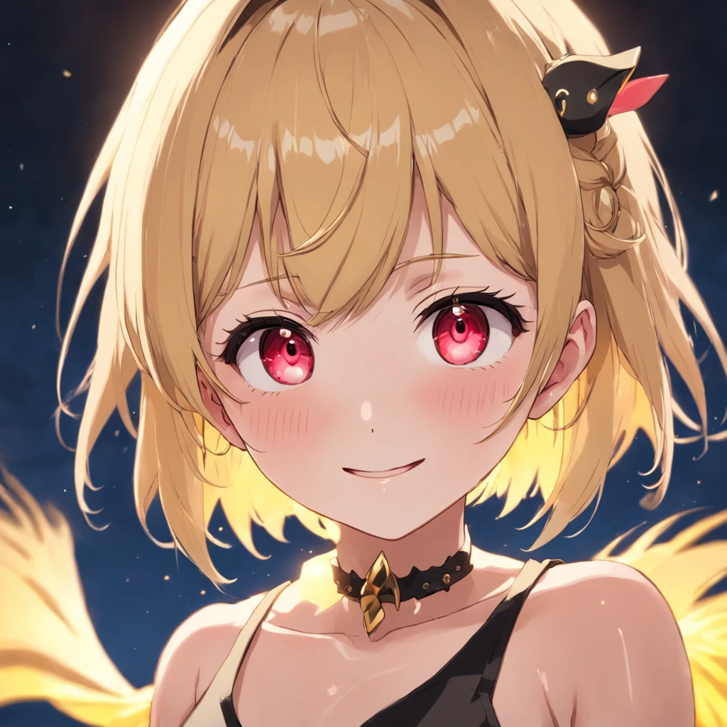 Very beautiful anime face and eye details，view straight on,:D，Shiny skin,25 wear，Happy smiling face、Short hair，，Asymmetrical bangs，blond hairbl，Short, shiny hair with two tails，Delicate beautiful face，Red blush、(Whole color eyes)，Skin whitening hairpins，Earrings，a necklace，、Black and yellow dresses、(Tokyo at night)(Lots of rainbows