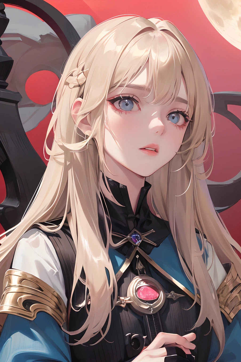 Masterpiece, Best quality, Night, Full moon, 1 girl, Mature woman, Little sister, Royal sister, Cold expression, Expressionless face, Light blonde long haired woman, eyes red, Light pink lips, Calm, Intelligence, Three groups, Gray apprentice, Assassin, dwarf Knife detail, hand detail, finger detail,