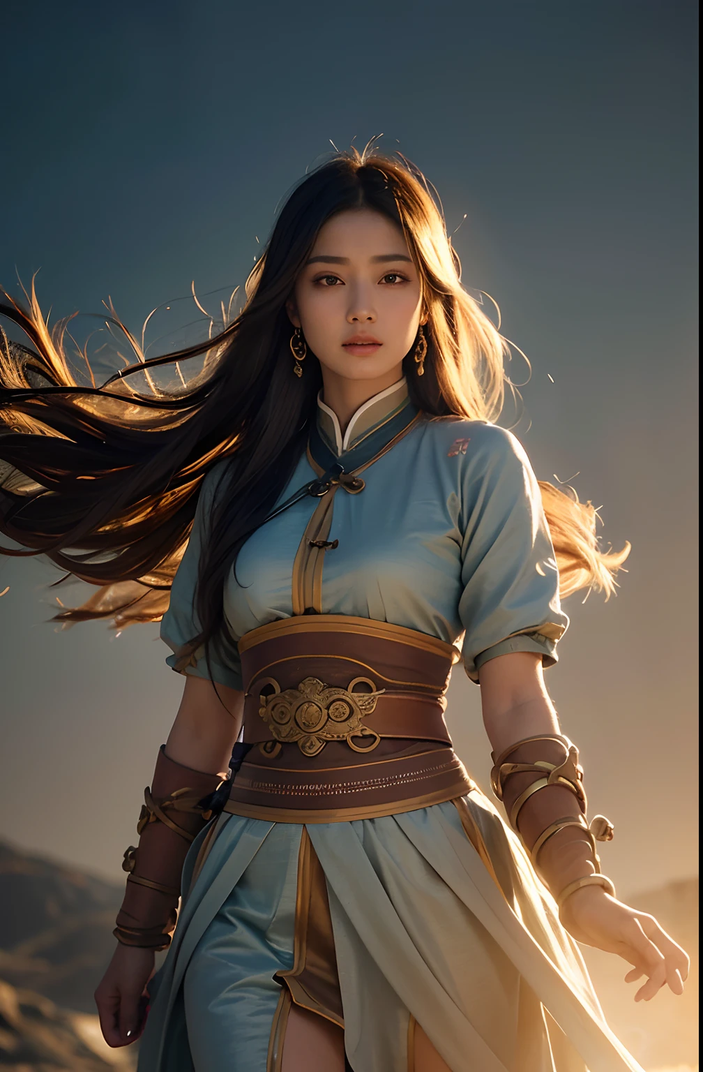 1girl, Dunhuang Flying Apsaras costume, messy long hair, Ji Jian, Dunhuang style, a lot of smoke, superb, elegant colors, (realistic, high detail, masterpiece, super detailed, dynamic angle, mural background, ink wash, amazing, movie lighting, illustration, chiaroscuro, backlighting, god rays, holland, best quality, best quality