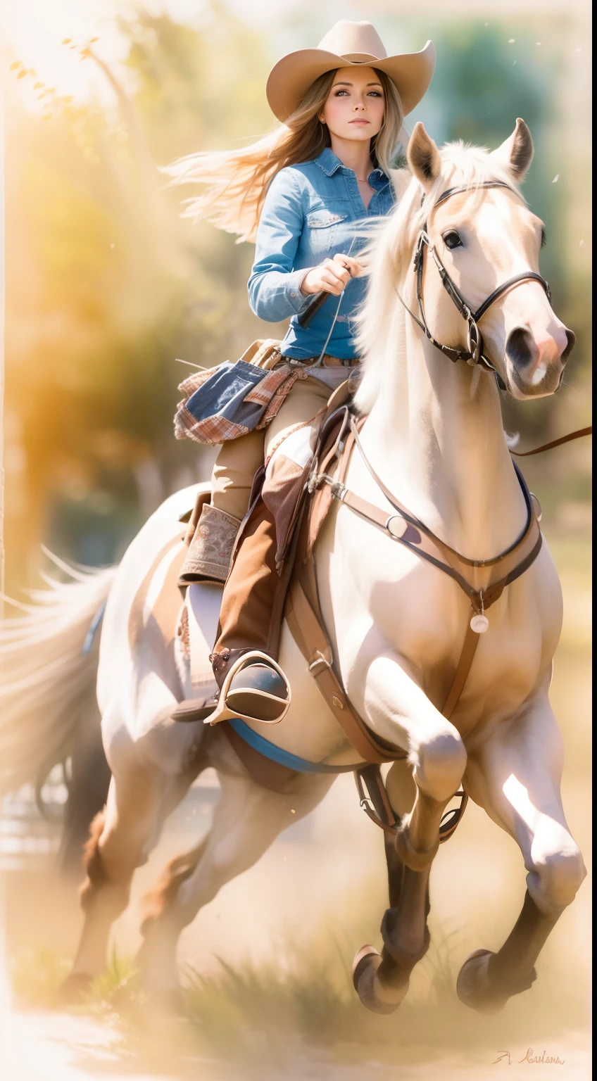 aquarelle,masterpiece,The western cowgirl is riding a horse