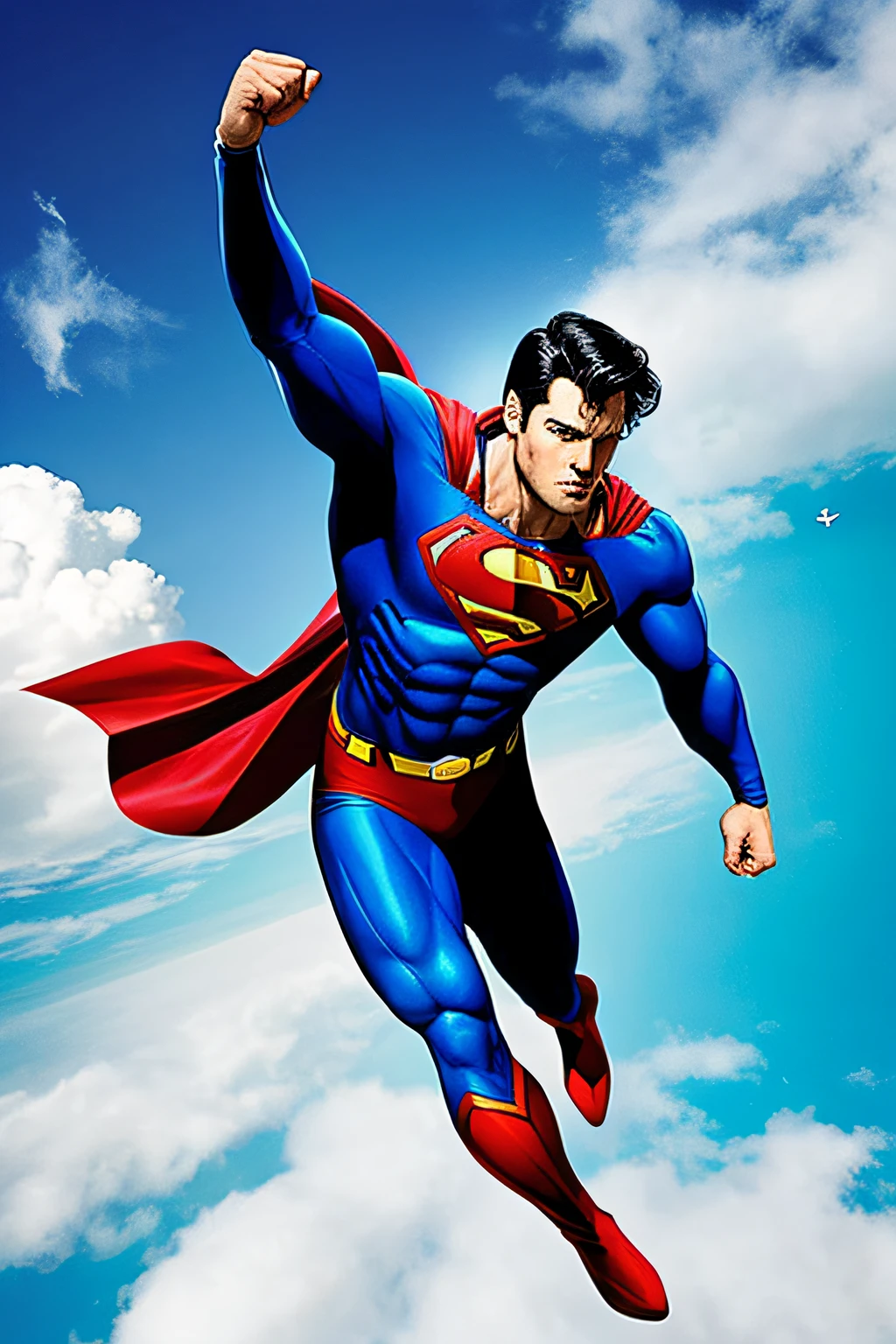 superman voando longe no horizonte, distante, Leaving a trail in the sky.