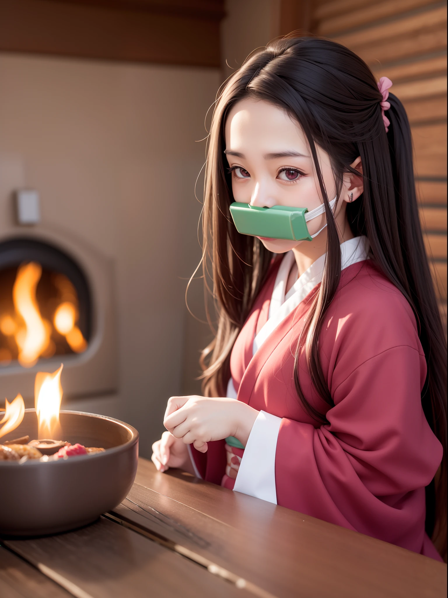 Kamado Nezuko、Kamado Nezuko、bit gag、Gagged、red eyes、haori、Pink kimono