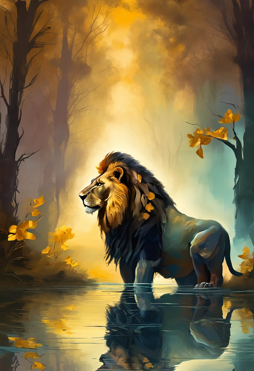 "((masterpiece)) Lion in the ((foggy)) ,((magical dark forest :1.2))at late dusk time, with ((strong dark shadows recommended for scene:1.2)), a glowing magical lion,golden glowing flowers ,((glowing butterfly )), beautiful magical style, golden water reflection,fierce, concept art, digital painting."