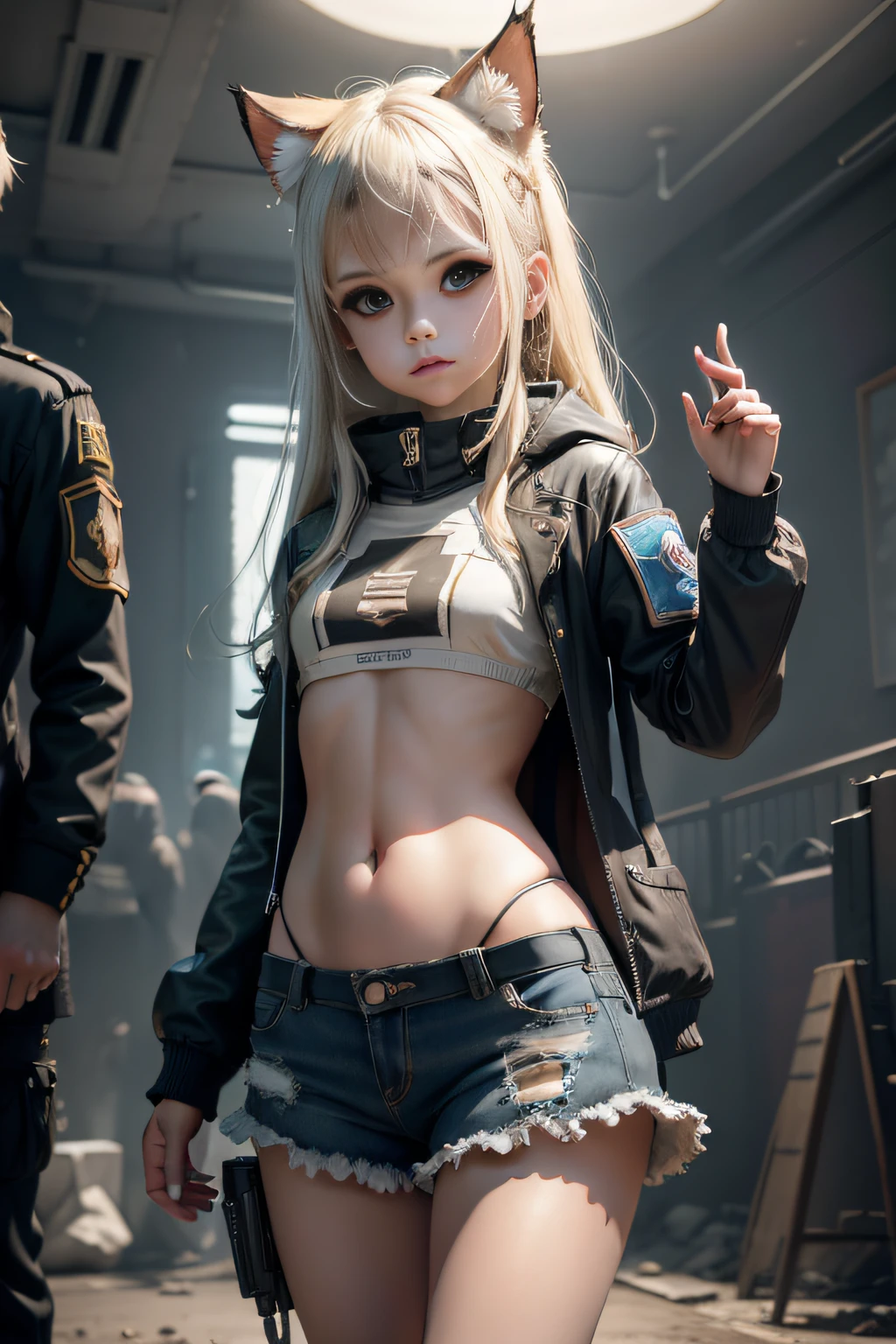 Ukrainian girl , Ukrainian anime girl ,3D , ukranian , The whole body consists of a young girl with messy light blonde hair, Eye makeup, , Cat ears, Soft lighting, Solo, Wear shabby clothes, Dirty, Tattered futuristic military uniform, Cat's paw badge, Pose, spot color, rendering by octane, Ultra-realistic intricate details, Cinematic, 8K resolution, 70mm, emphasis lighting, Global illumination, Full body portrait, clean detailed faces, Complex clothing, Cute face, Flat chest, Slim waist, Slim legs, Small hips