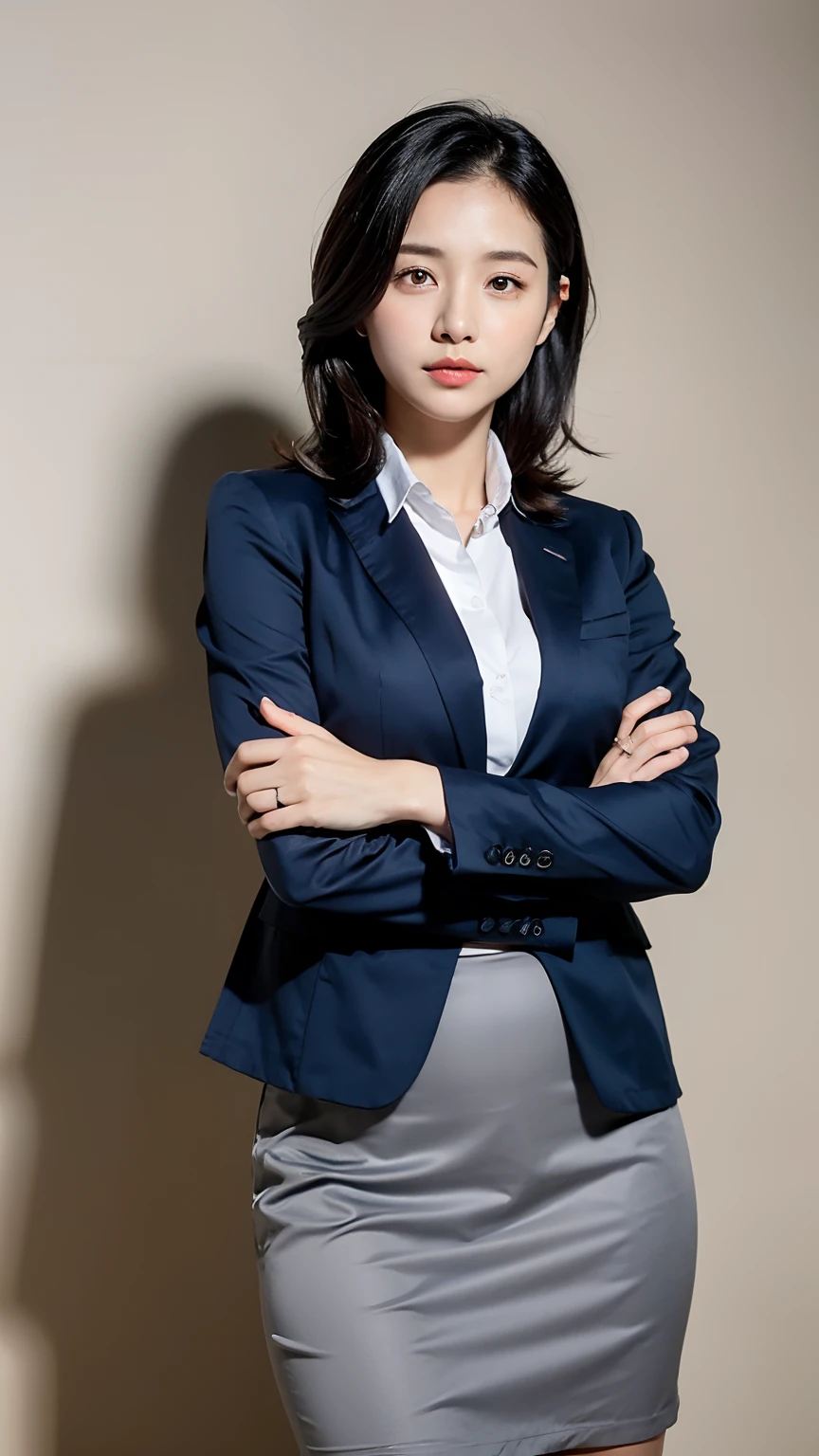 Professional image of a 25-year-old professional woman, Wear a navy blue business casual suit and hip-wrapping skirt, Professional profile photo, posing with crossed arms, professional picture, professional profile picture, photograph of a woman, Business woman, lecturer, Black hair, Slim body, 8K high-definition