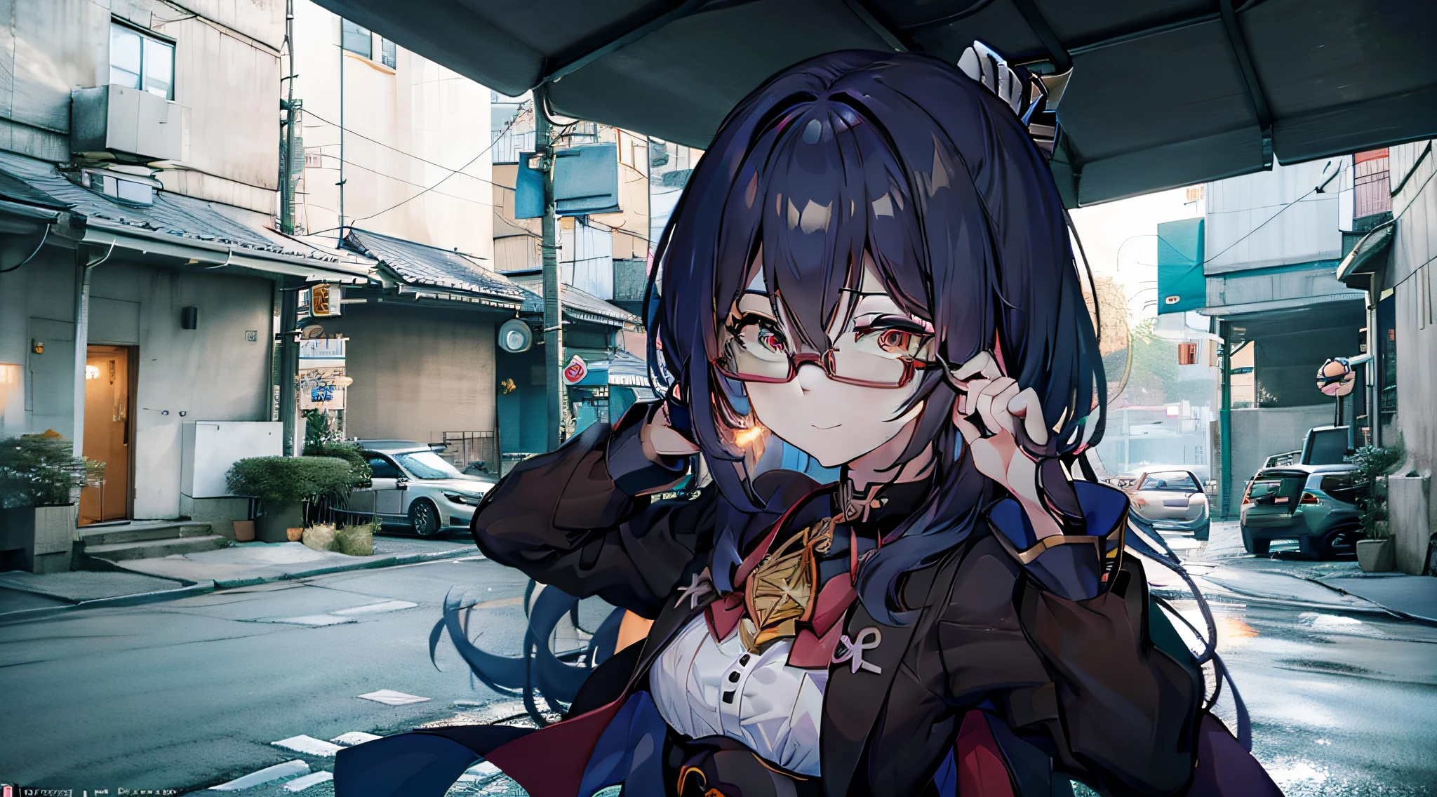 Chica de anime con cabello rosa y gafas sosteniendo una pistola, [[[[sonriendo malvado]]]], Impacto de Ayaka Genshin, Mika Kurai Demonio, Ilustraciones oficiales, Protrait completo, waifu, Ayaka Game Genshin Impact, inspirado en Puru, nanogirlv 2, KDA, Hyper Ultra detallado, Retrato de Onmyoji, Anime estilizado