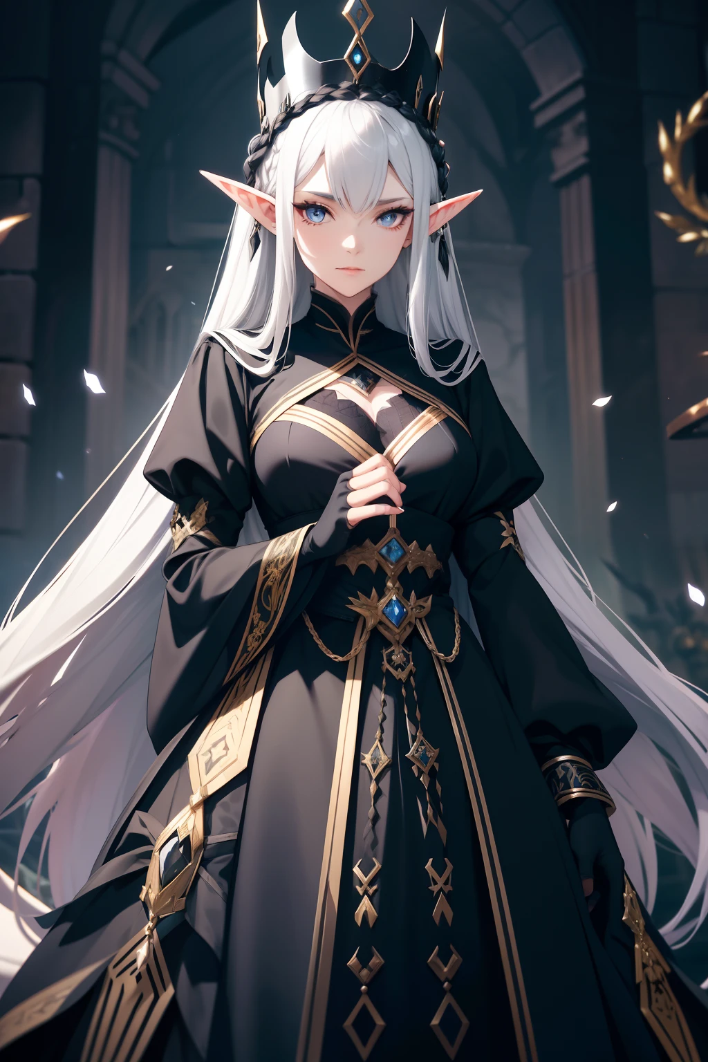 Black Dragon Princess，Elf long ears，British dark blue long group，Silk white gloves，Slightly curved long black hair，Dress conservatively，Crown of black thorns，Twist braids，Mature and steady，Complicated clothes，Large area of gold pattern，Silver crown，Elegant