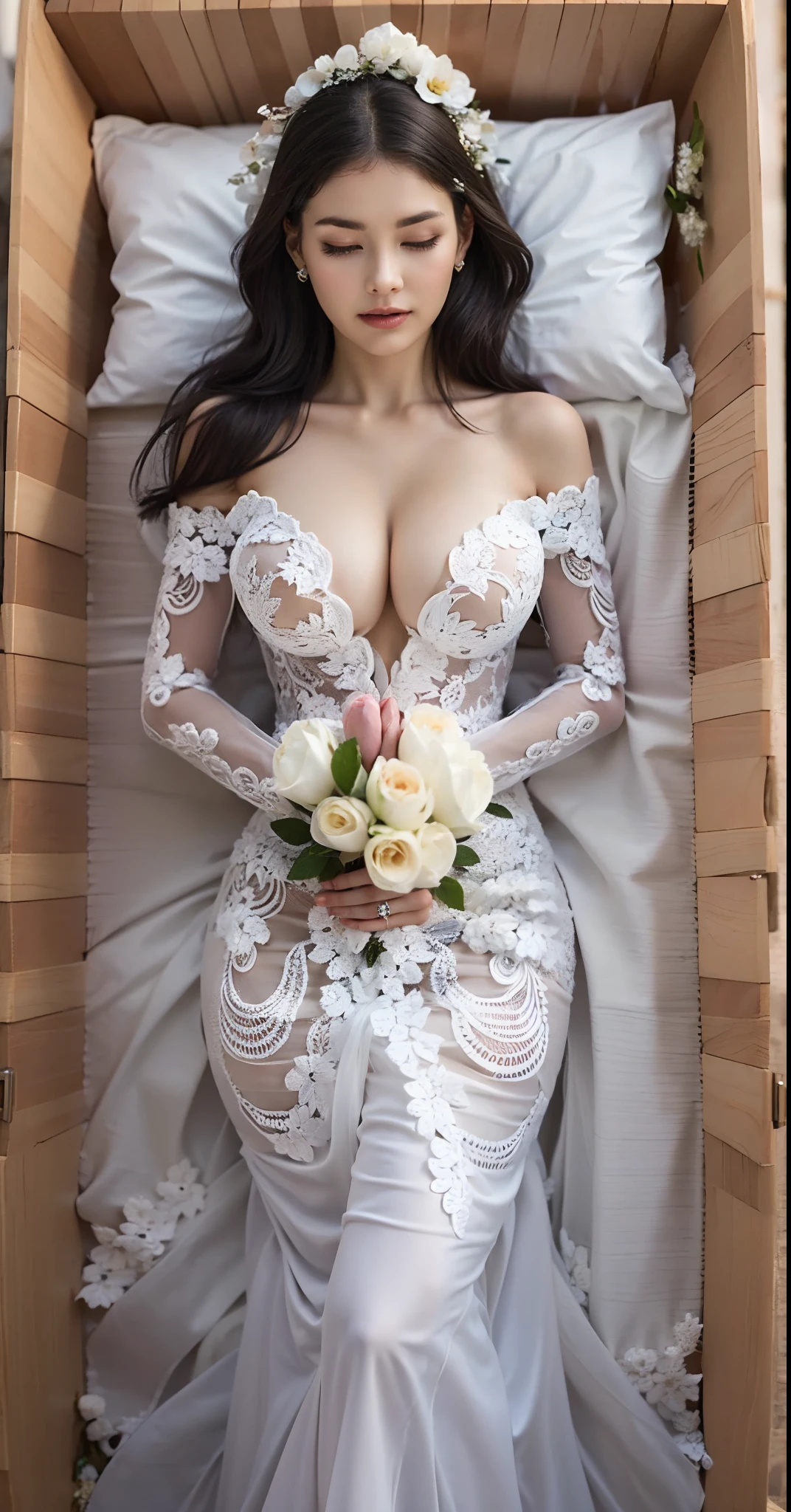 1girl, solo, wooden casket, girl sleep in casket, girl laying in casket, eyes closed, closed mouth,(interlocked_fingers:0.961), (own_hands_together:0.971), (straight:0.971), (own_hands_clasped:0.961), (absolute cleavage), straight body, straight legs, big boobs, round breasts, (full body viewed), (sexy breast), (sexy cleavage), (around the casket is a wreath of flowers), (((black hair))), ((blonde hair)), ((wearing a white V-neckline and off-shoulder wedding dress with heavy lace and a long sleeve)), ((maid dress)), ((long dress)), head on pillow
