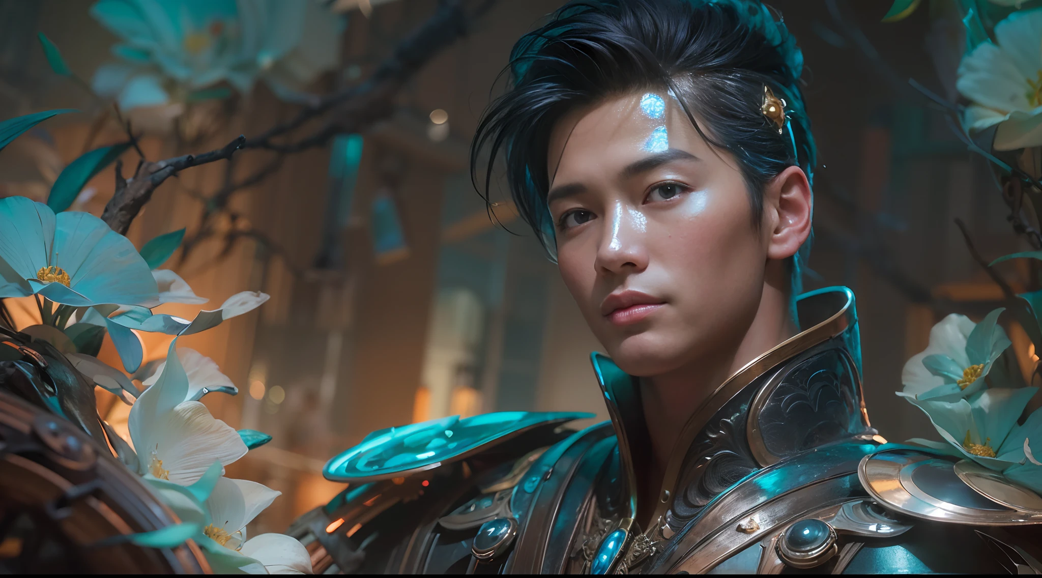 1boy, photo of very very handsome suave smiling young 25-year-old male Chinese prince, clothed in futuristic cybernetic armor, wearing a large futuristic crown, walking in an ethereal enchanted forest with neon glowing flowers and a rainbow in the sky, sci-fi, intricate, neon light, ((perfect face)), ((perfect hands)), ((perfect body)), ((correct anatomy)), ((ultra-realistic)), ((8k, UHD)), highly detailed, digital painting, artstation, concept art, human anatomy, soft light, smooth, illustration, art by tian zi and craig mullins and WLOP and alphonse mucha