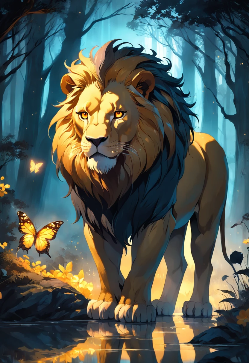 "((masterpiece)) Lion in the ((foggy)) ,((magical dark forest :1.2))at late dusk time, with ((strong dark shadows recommended for scene:1.2)), a glowing magical lion,golden glowing flowers ,((glowing butterfly )), beautiful magical style, golden water reflection,fierce, concept art, digital painting."
