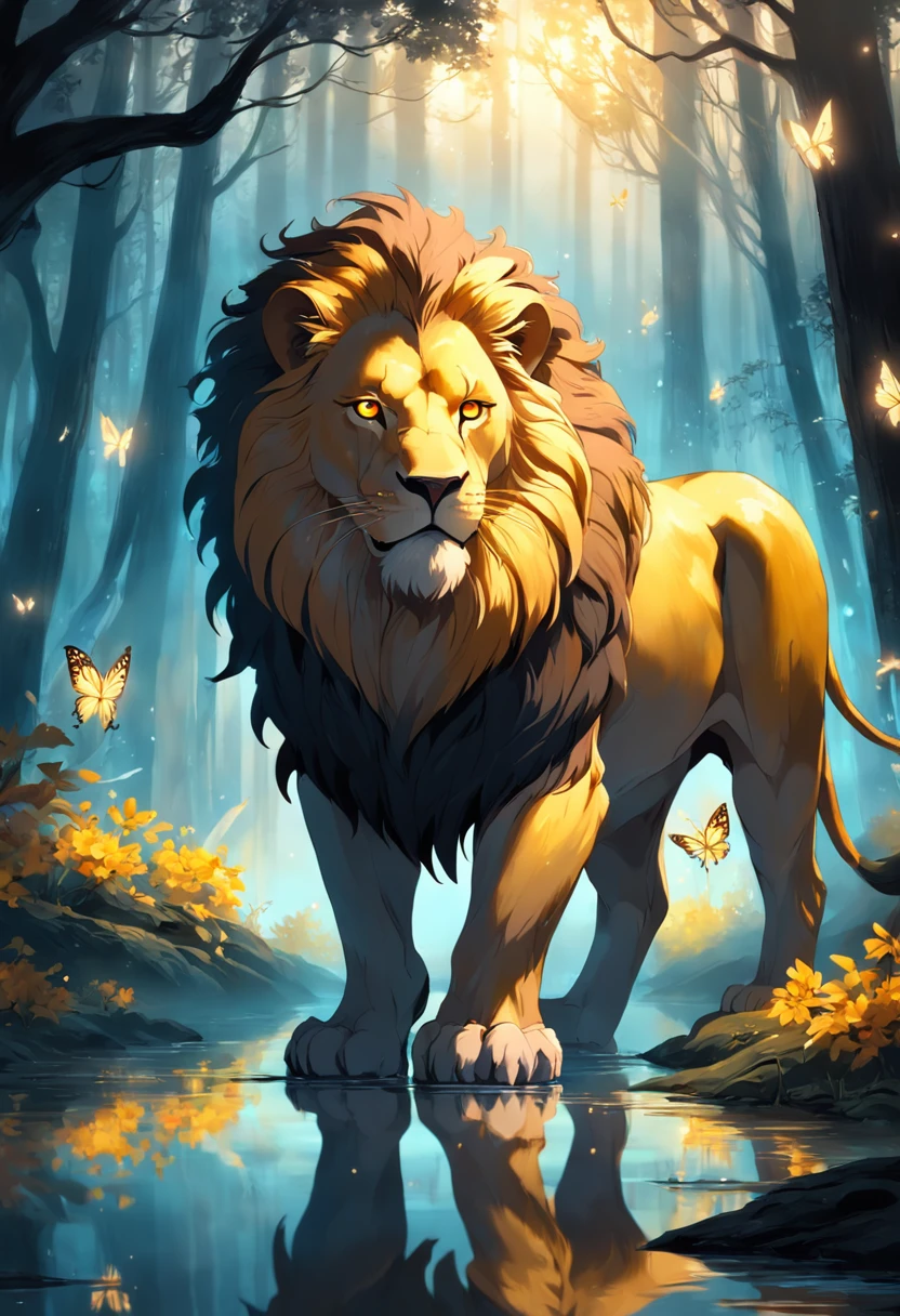 "((masterpiece)) Lion in the ((foggy)) ,((magical dark forest :1.2))at late dusk time, with ((strong dark shadows recommended for scene:1.2)), a glowing magical lion,golden glowing flowers ,((glowing butterfly )), beautiful magical style, golden water reflection,fierce, concept art, digital painting."