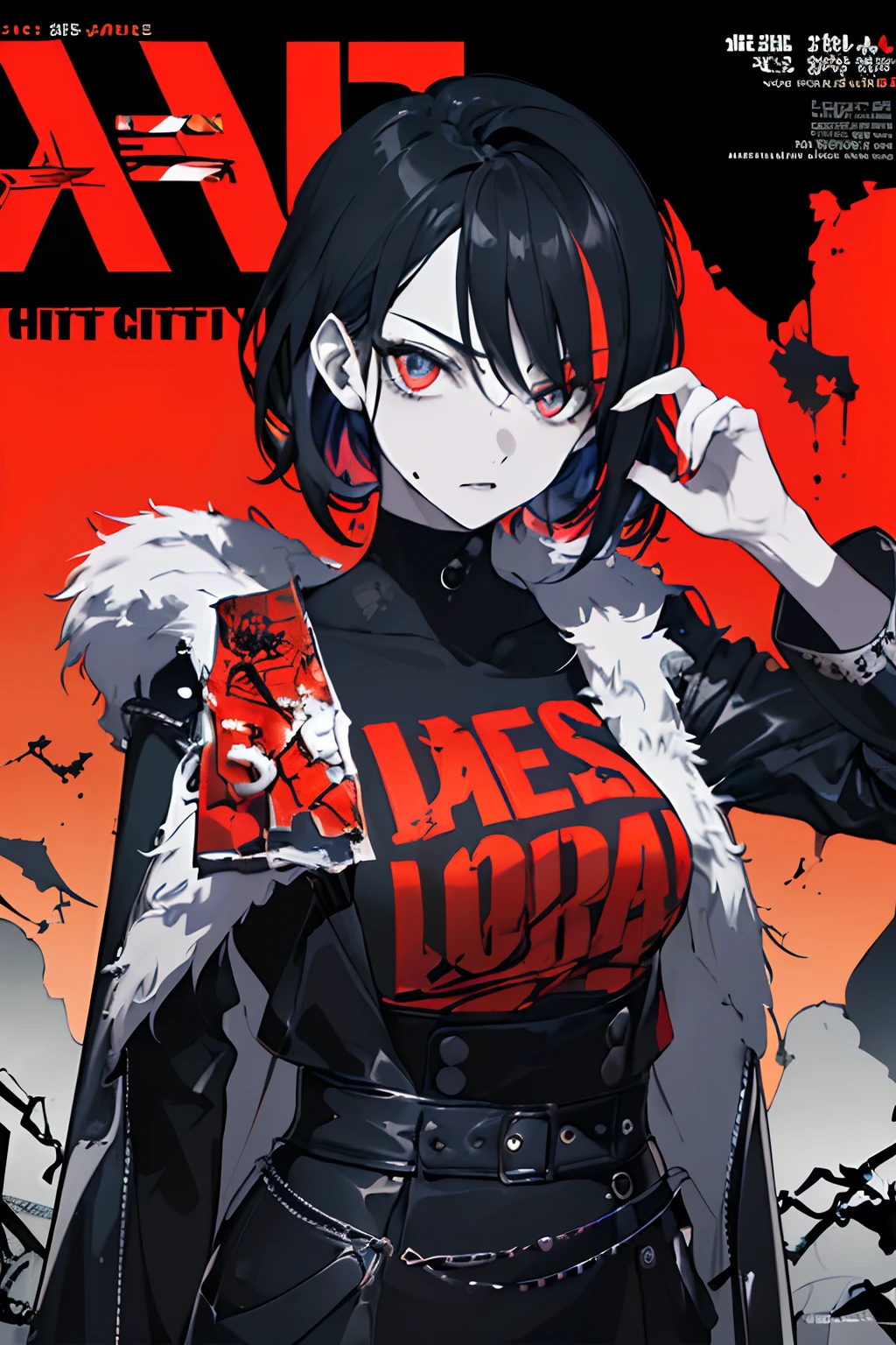 masterpiece, best quality, close up, upper body, 1girl, smug, smile, long black hair, navel, bare shoulders, detached sleeves, choker, black shirt, (print on shirt:1.3), (black metal print:1.3), red plaid skirt, rings, chains, thigh strap, black thigh highs