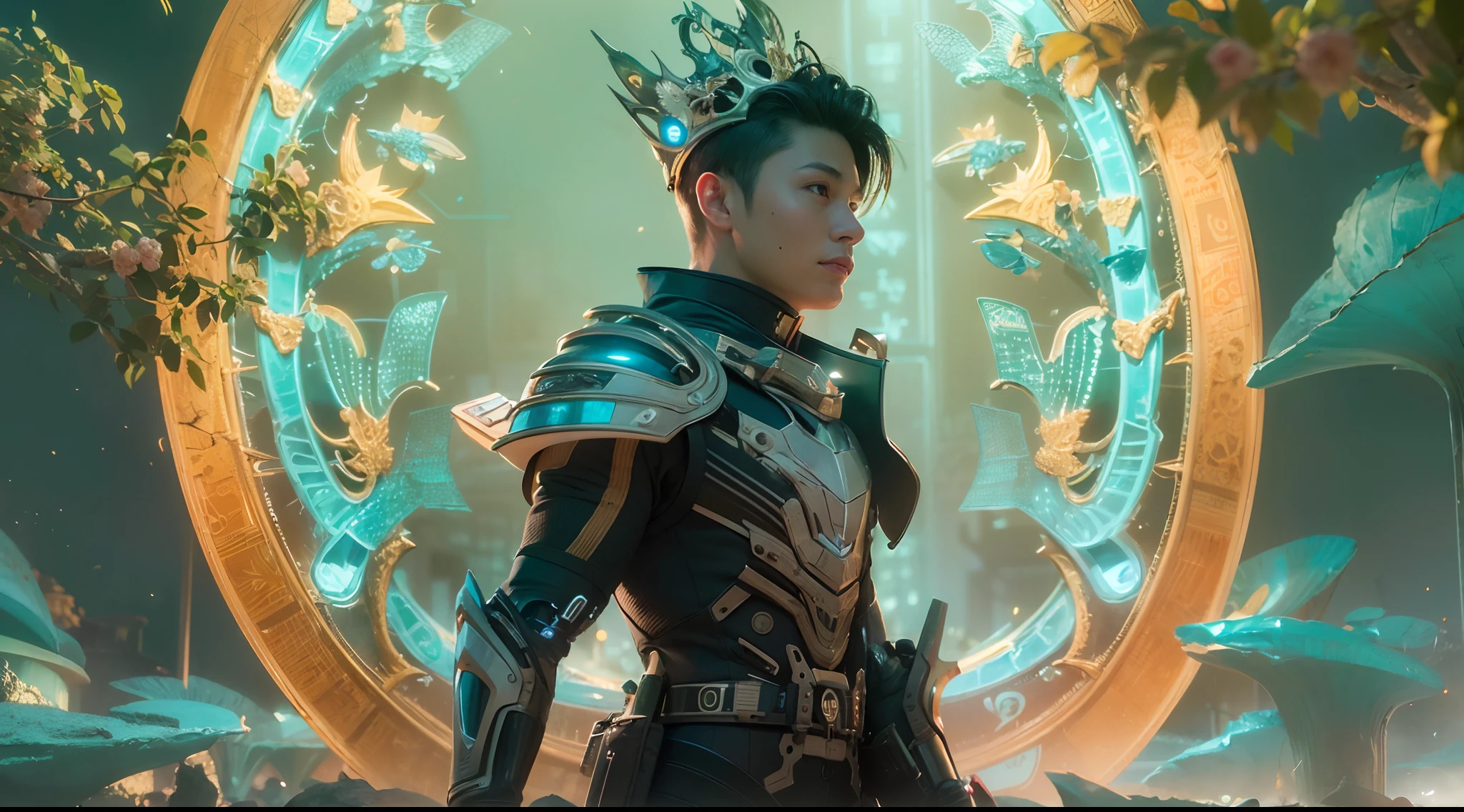 1boy, photo of very very handsome suave smiling young 25-year-old male Chinese prince, clothed in futuristic cybernetic armor, wearing a large futuristic crown, walking in an ethereal enchanted forest with neon glowing flowers and a rainbow in the sky, sci-fi, intricate, neon light, ((perfect face)), ((perfect hands)), ((perfect body)), ((correct anatomy)), ((ultra-realistic)), ((8k, UHD)), highly detailed, digital painting, artstation, concept art, human anatomy, soft light, smooth, illustration, art by tian zi and craig mullins and WLOP and alphonse mucha