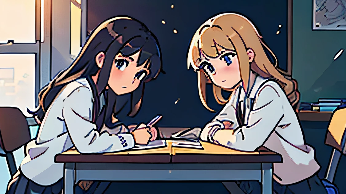 (top-quality:0.8)、(top-quality:0.8)、perfect anime illustration、，2girls,Girls studying side by side at their desks,Study for two、illustratio、 gals、Curly hair、cocky、a blond、A dark-haired、Smooth Anime CG Art, beautiful anime high school girl, A seductive anime girl, photorealistic anime, Anime. Soft lighting