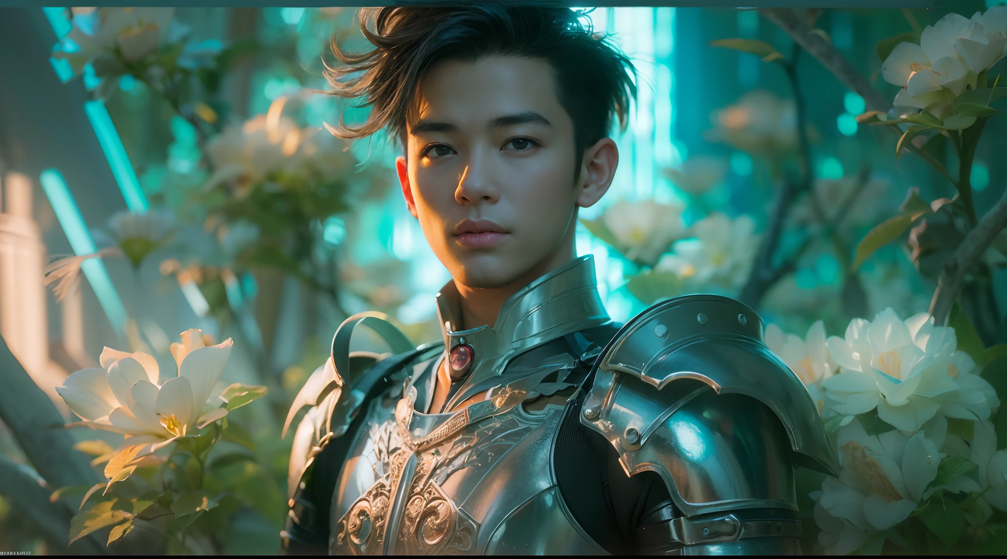 1boy, photo of very very handsome suave smiling young 25-year-old male Chinese prince, clothed in futuristic cybernetic armor, wearing a large futuristic crown, walking in an ethereal enchanted forest with neon glowing flowers and a rainbow in the sky, sci-fi, intricate, neon light, ((perfect face)), ((perfect hands)), ((perfect body)), ((correct anatomy)), ((ultra-realistic)), ((8k, UHD)), highly detailed, digital painting, artstation, concept art, human anatomy, soft light, smooth, illustration, art by tian zi and craig mullins and WLOP and alphonse mucha