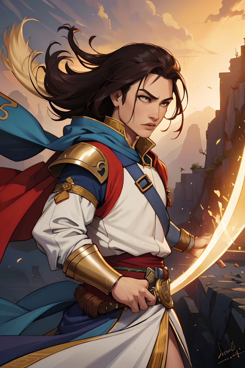 Male chinese general in medieval War moroccan environnement hyper realistic super detailed holding Sword dramatic lighting Epic master piece