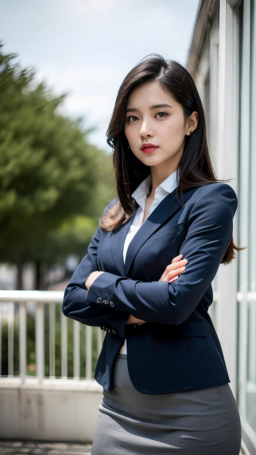 Professional image of a 25-year-old professional woman, Wear a navy blue business casual suit and hip-wrapping skirt, Professional profile photo, posing with crossed arms, professional picture, professional profile picture, photograph of a woman, Business woman, lecturer, Black hair, Slim body, 8K high-definition